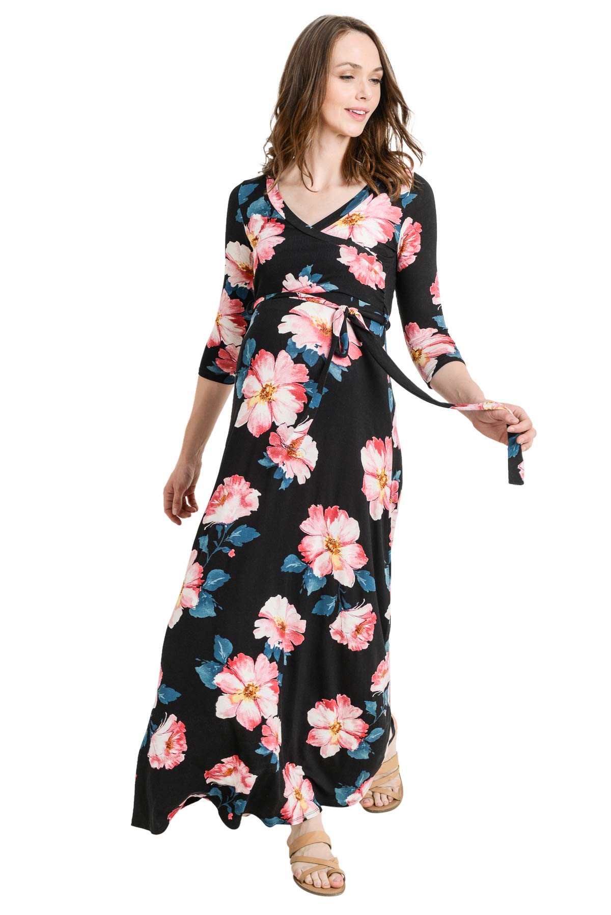 HELLO MIZ Women's Maternity Maxi Dress with Adjustable Waist Belt - Flowy Pregnancy Dress for Summer, Beach & Special Occasions