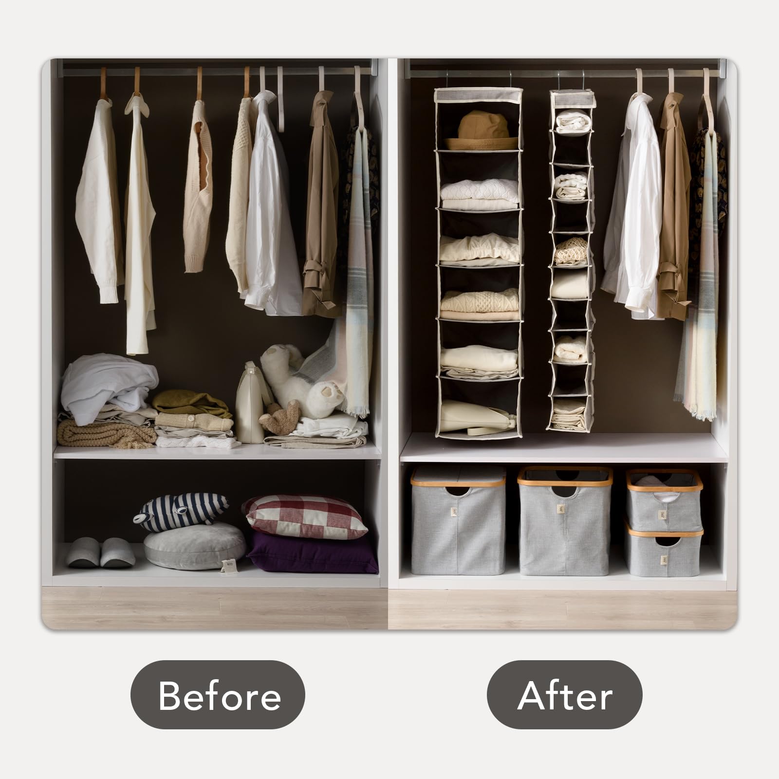 ALFIO Collapsible Hanging Closet Organizer - 6 Open Shelves with Dual Sturdy Hooks for Bedroom, Bathroom & Closet Storage - Space Saving Shelf Organizer for Clothes, Towels & Accessories