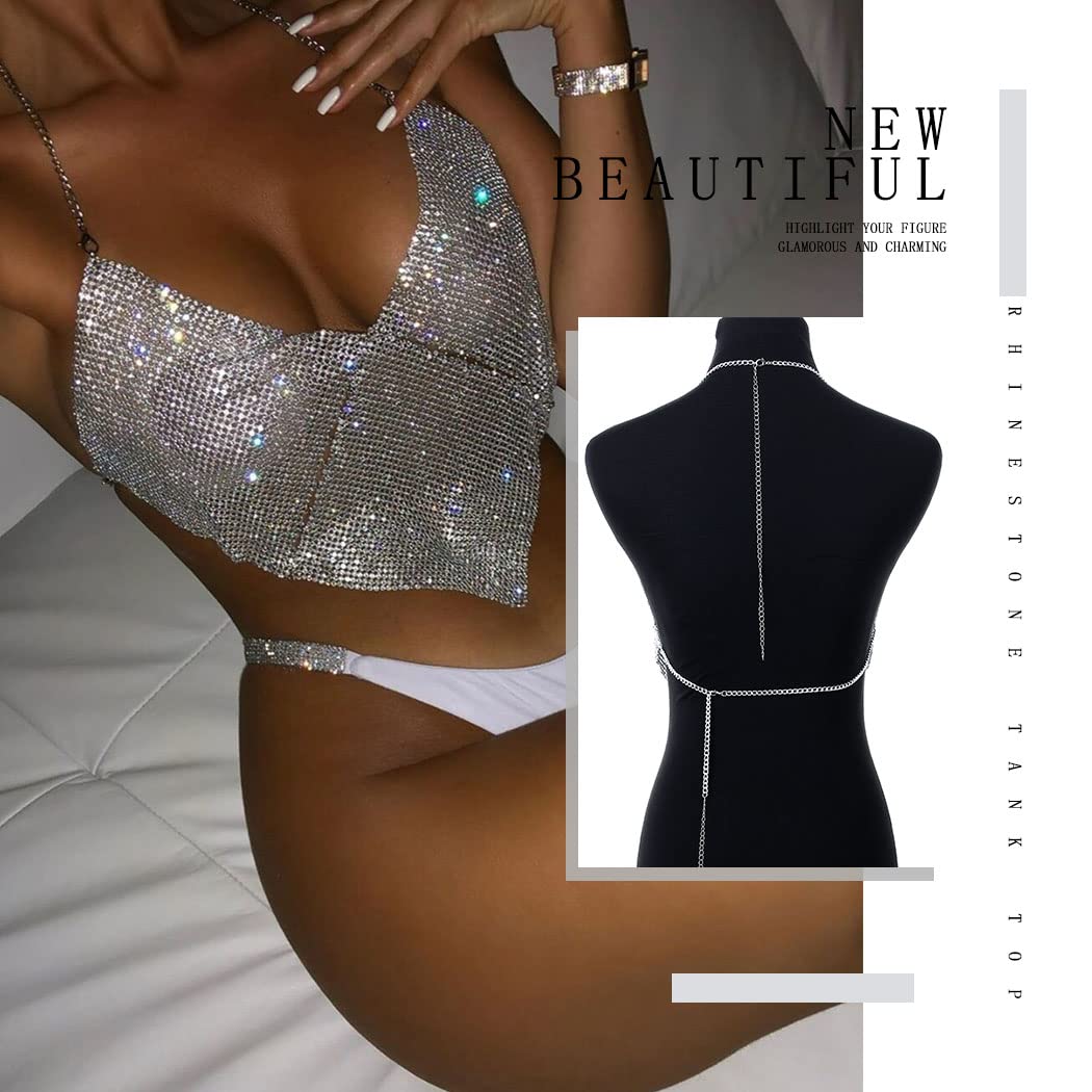 Sparkly Crystal Body Chains for Women - Rhinestone Halter Backless Tank Top, Sexy Nightclub Crop Top & Bikini Jewelry | Perfect for Beach Parties, Music Festivals & Evening Events