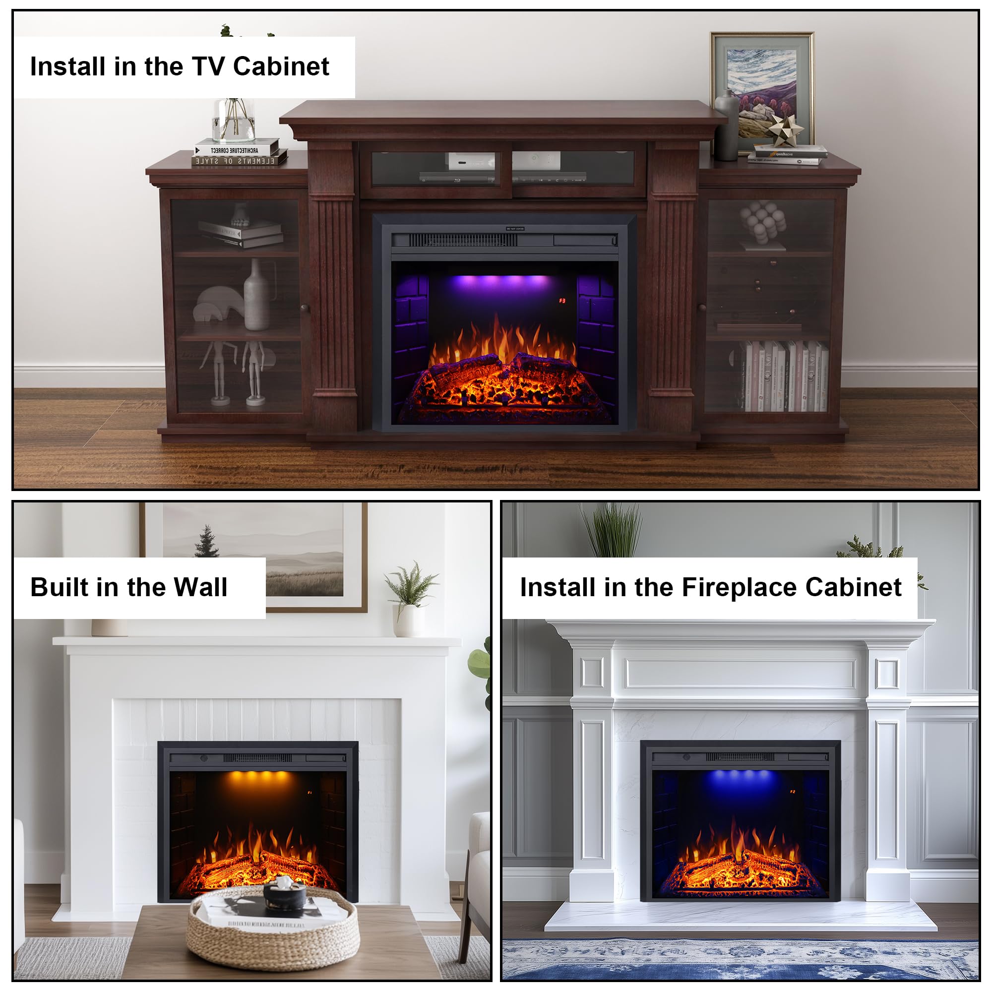 Valuxhome 36-Inch Electric Fireplace Insert with Remote Control - 750W/1500W, Overheating Protection & Realistic Fire Crackling Sound - Black - Perfect for Living Rooms, Bedrooms & Offices
