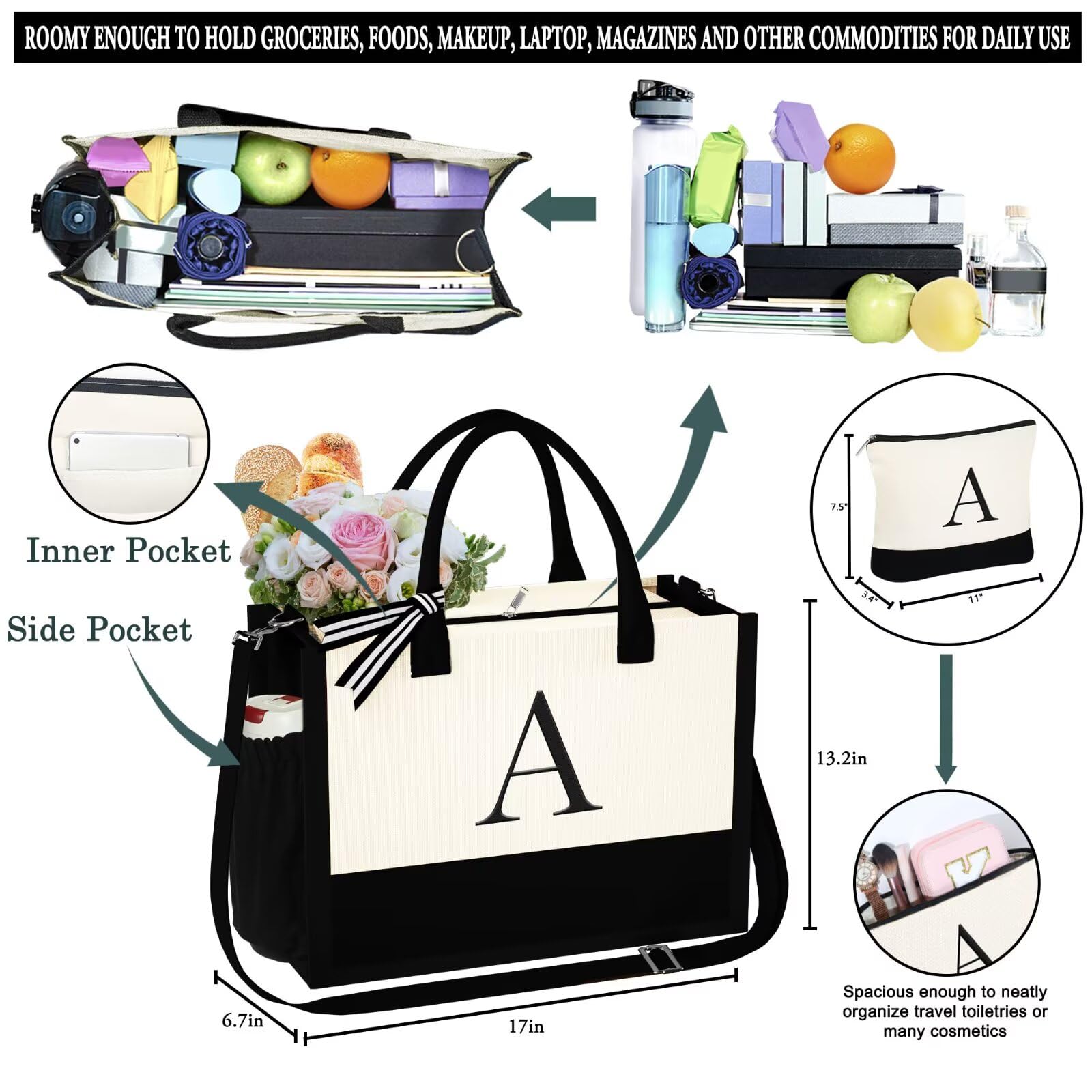 YOOLIFE Personalized Initial Canvas Tote Bag & Makeup Bag Set - Monogrammed Gifts for Women, Wife, Mom, Friend, Teacher - Perfect for Birthday, Mother's Day & Everyday Use - Great for Work, Shopping & Travel Accessories