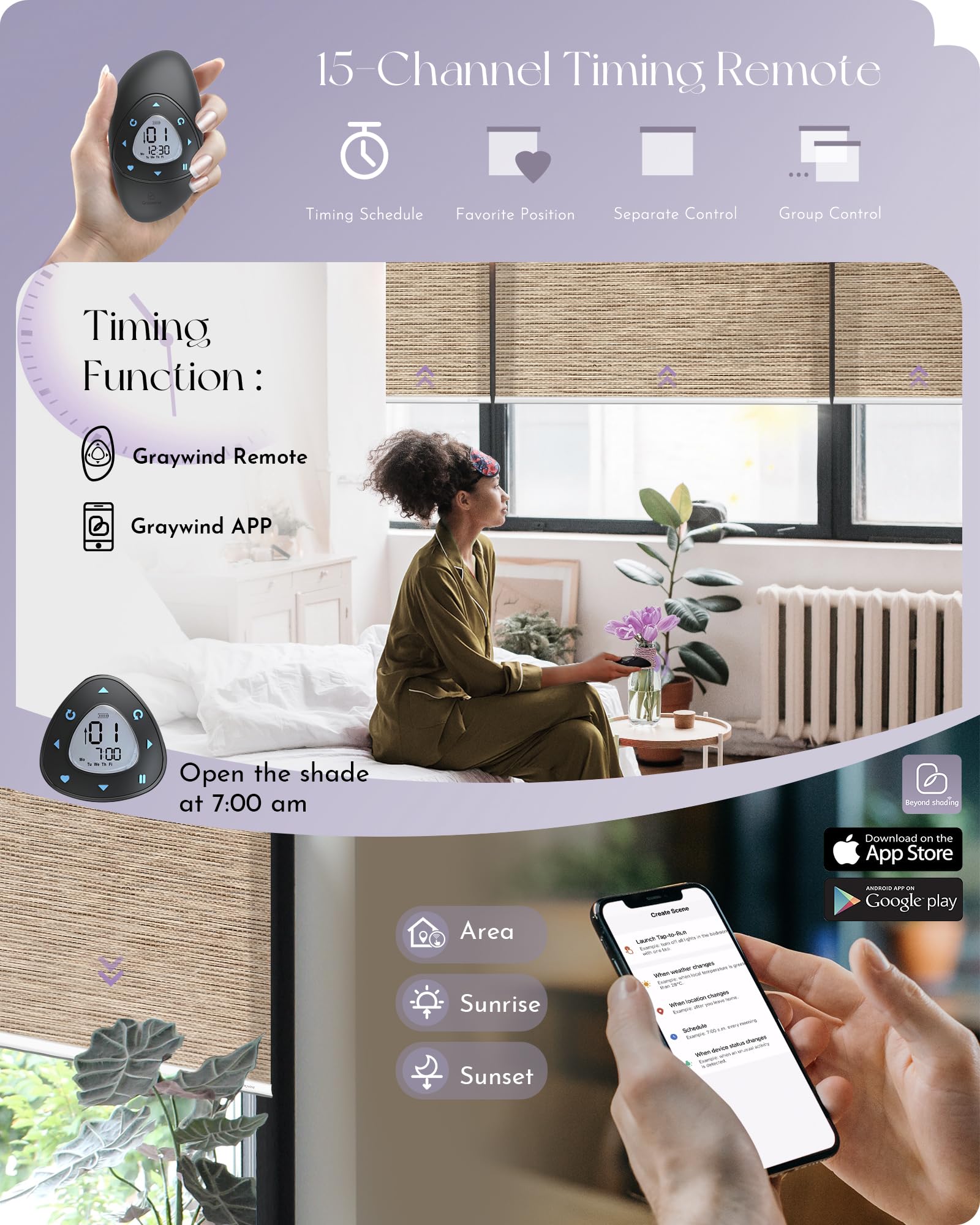 Graywind Motorized Smart Woven Roller Shades - Alexa & Google Home Compatible, Rechargeable Cordless Remote, Custom Sizes (Woven Beige) - Perfect for Living Rooms, Bedrooms & Home Offices