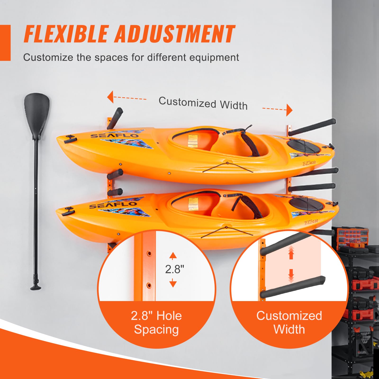 VEVOR 4-Capacity Wall Mounted Kayak Storage Rack - Heavy Duty 400 LB Capacity Adjustable Padded Kayak Canoe Paddle Board Holder for Indoor Outdoor Garage, Backyard, or Boat House - Perfect for Space Saving Kayak Organization and Secure Storage
