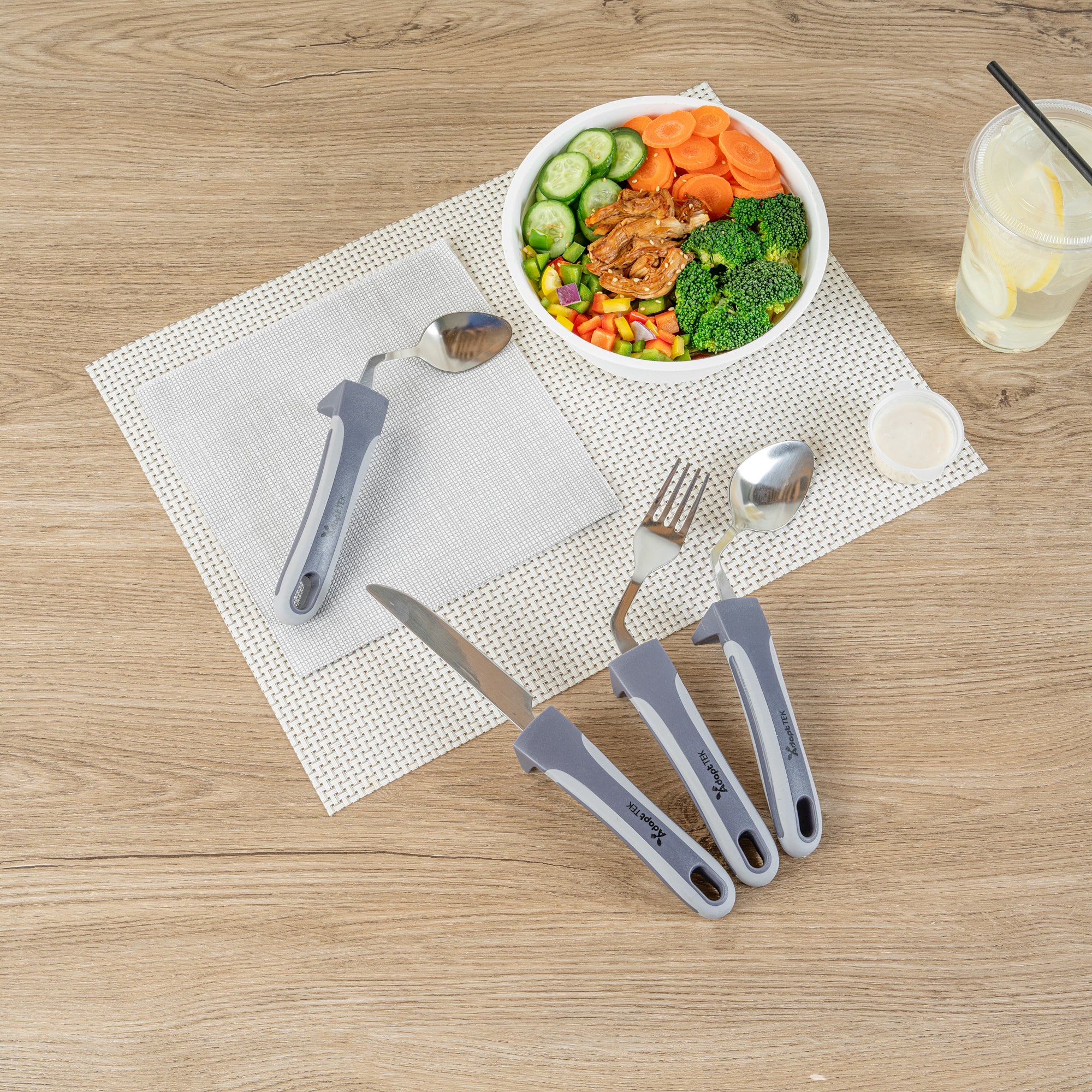 Adapt Tek Gray Stainless Steel 4-Piece Adaptive Offset Utensil Set for Left-Handed Users - Lightweight, Non-Slip Grip - Perfect for Arthritis & Limited Mobility - 1 Count Box - Ideal for Cooking, Dining & Assisted Living