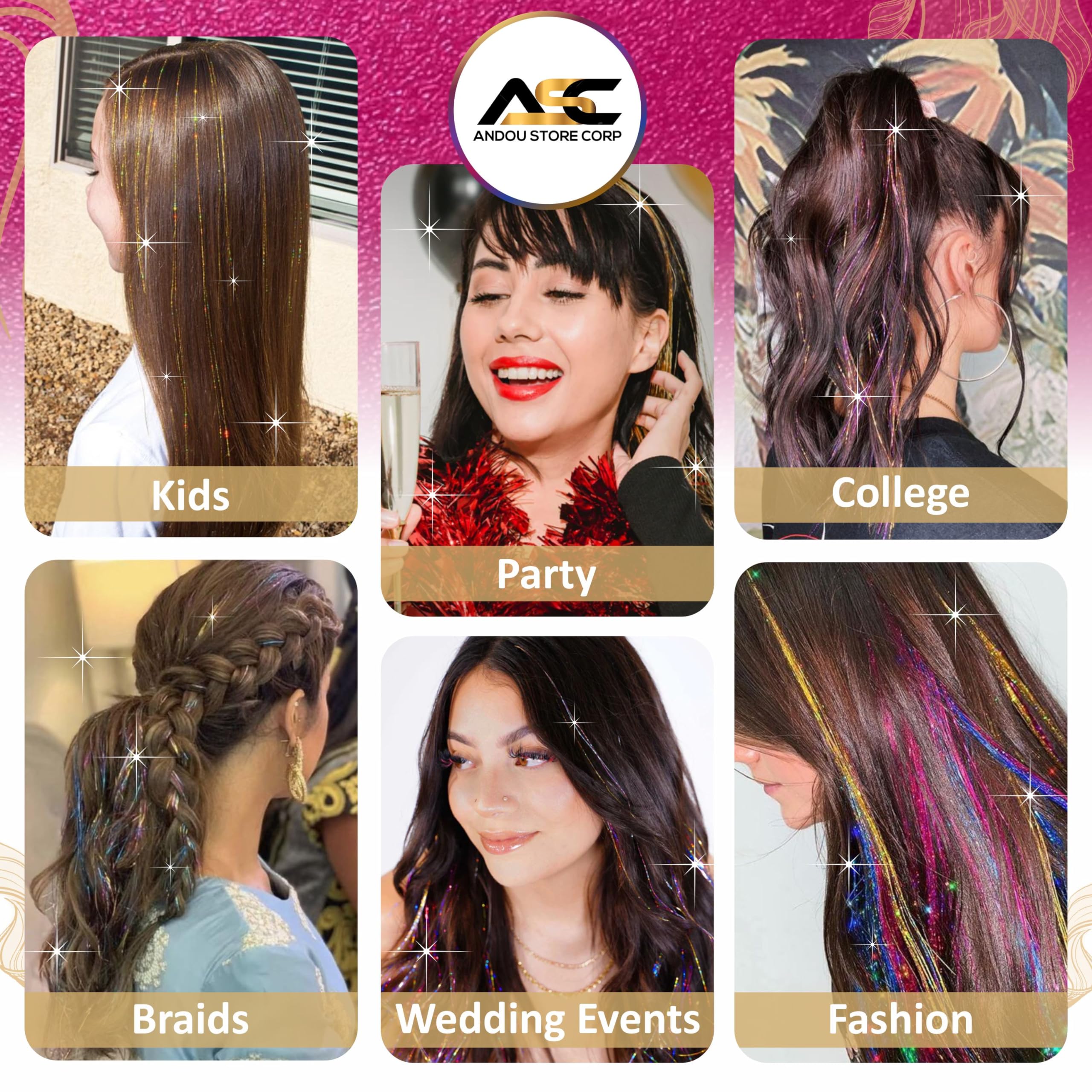Andou 14 Colors 3500 Strands Heat Resistant Hair Tinsel Kit for Girls, Women & Kids - 48 Inch with Wooden Threader, Crochet Hook, Plier, Hair Clips & 200 Beads | Perfect for Parties, Festivals, Cosplay & Hair Styling