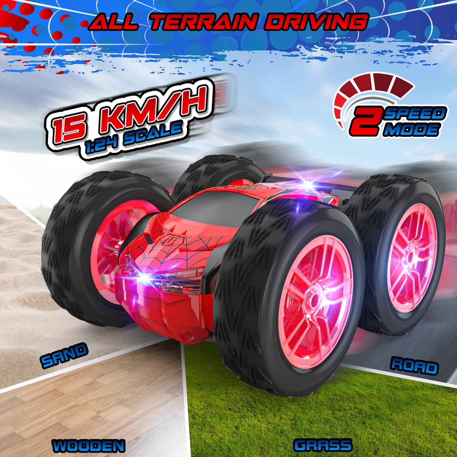 **Remote Control Stunt Car for Kids - 1:24 Scale RC Toy Car with Double-Sided Design & LED Lights - Best Gift for Boys Ages 3-9 - Perfect for Indoor Racing, Backyard Play & Birthday Presents**