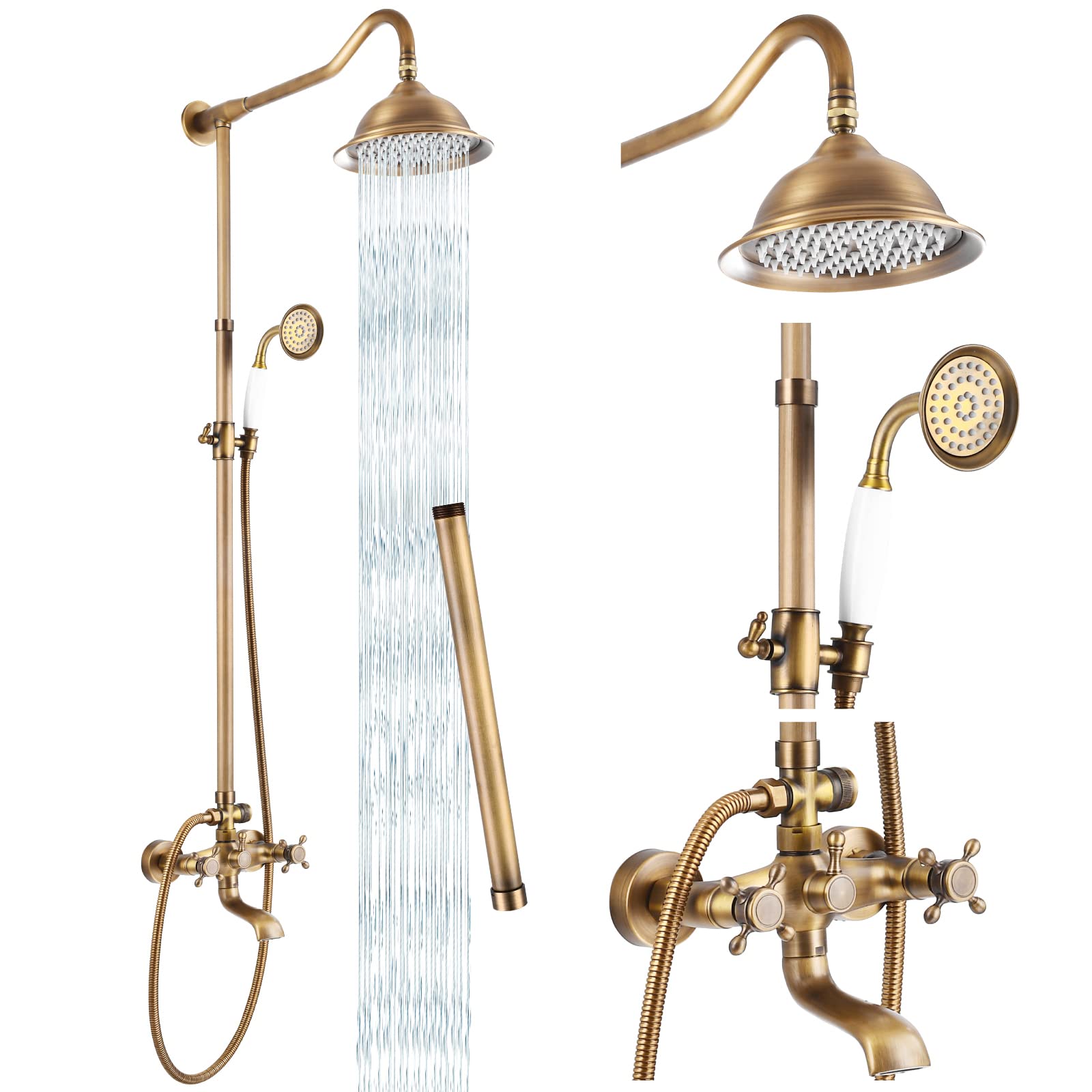 Vintage Brass Shower System Set - 8 Inch Rainfall Showerhead, 2 Double Knob Handles & Triple Function Tub Spout Combo (Antique Finish) for Bathroom Remodeling and Luxury Spa Experience