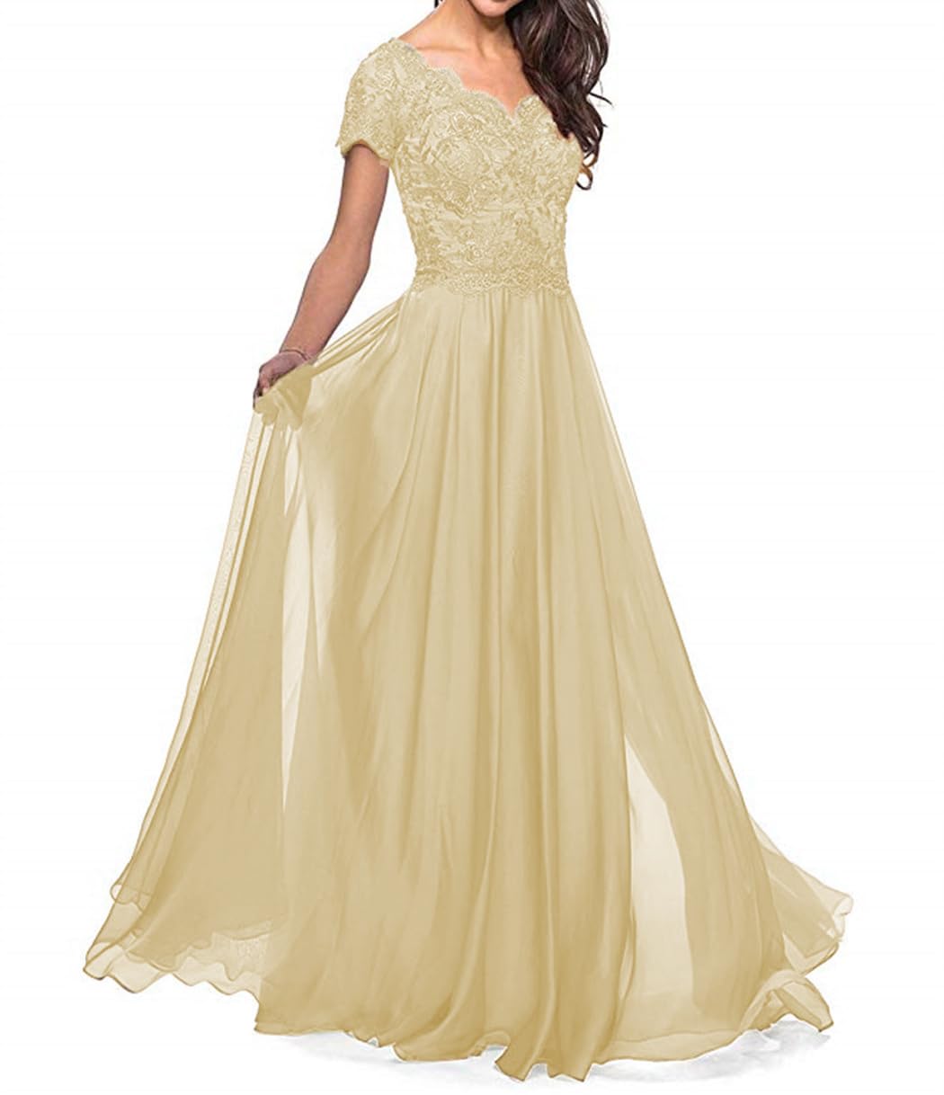 Elegant Long Chiffon A-Line Wedding Dress with Lace Appliques - Mother of The Bride Gown with Short Sleeves for Women's Wedding Party | Perfect for Formal Ceremonies, Receptions & Special Occasions