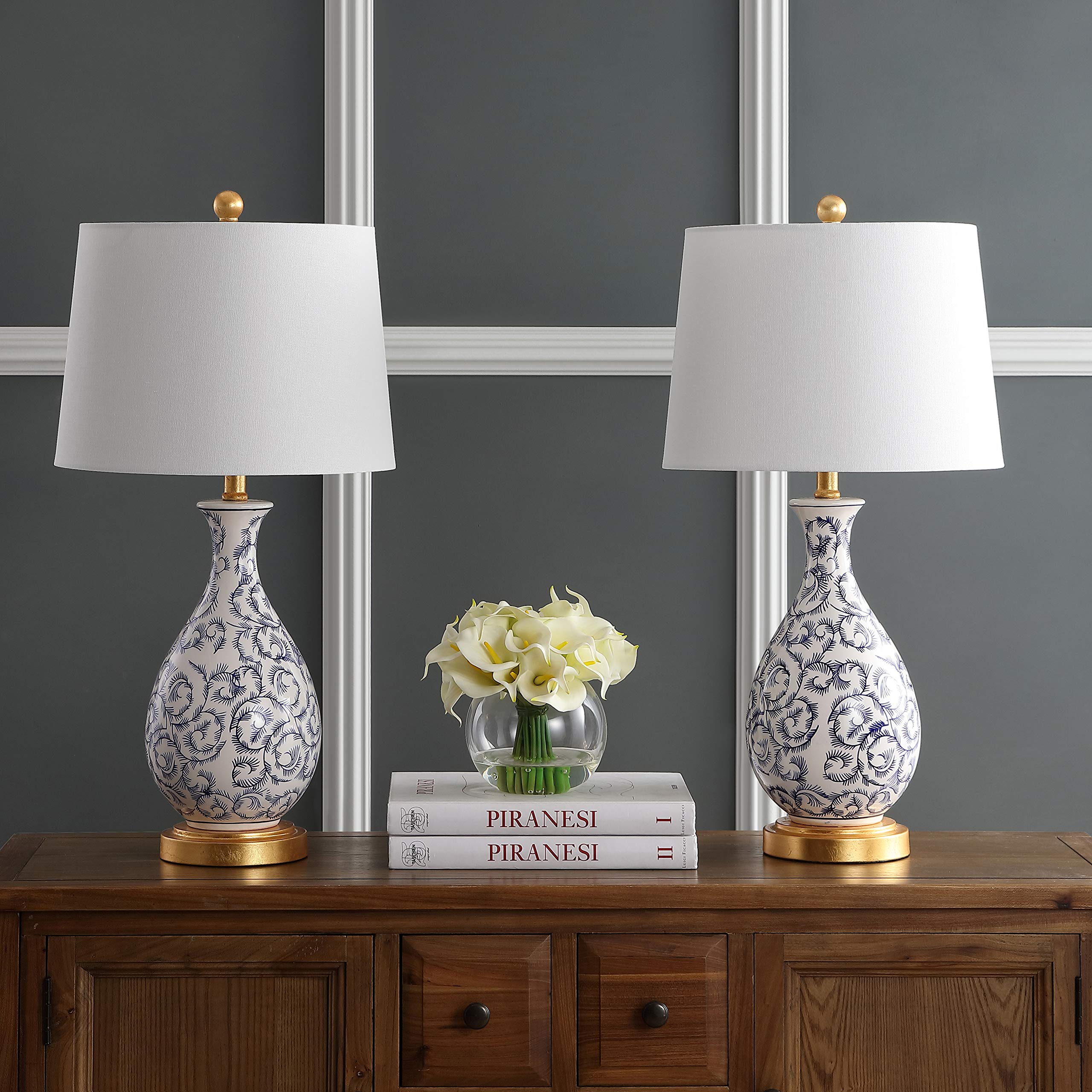 SAFAVIEH Avi Scroll 28-inch Table Lamp Set of 2 - Blue & White Modern LED Desk Lamp for Bedroom, Living Room, Home Office & Nightstand - Energy Efficient Lighting with Included LED Bulbs for Cozy Ambience & Task Lighting