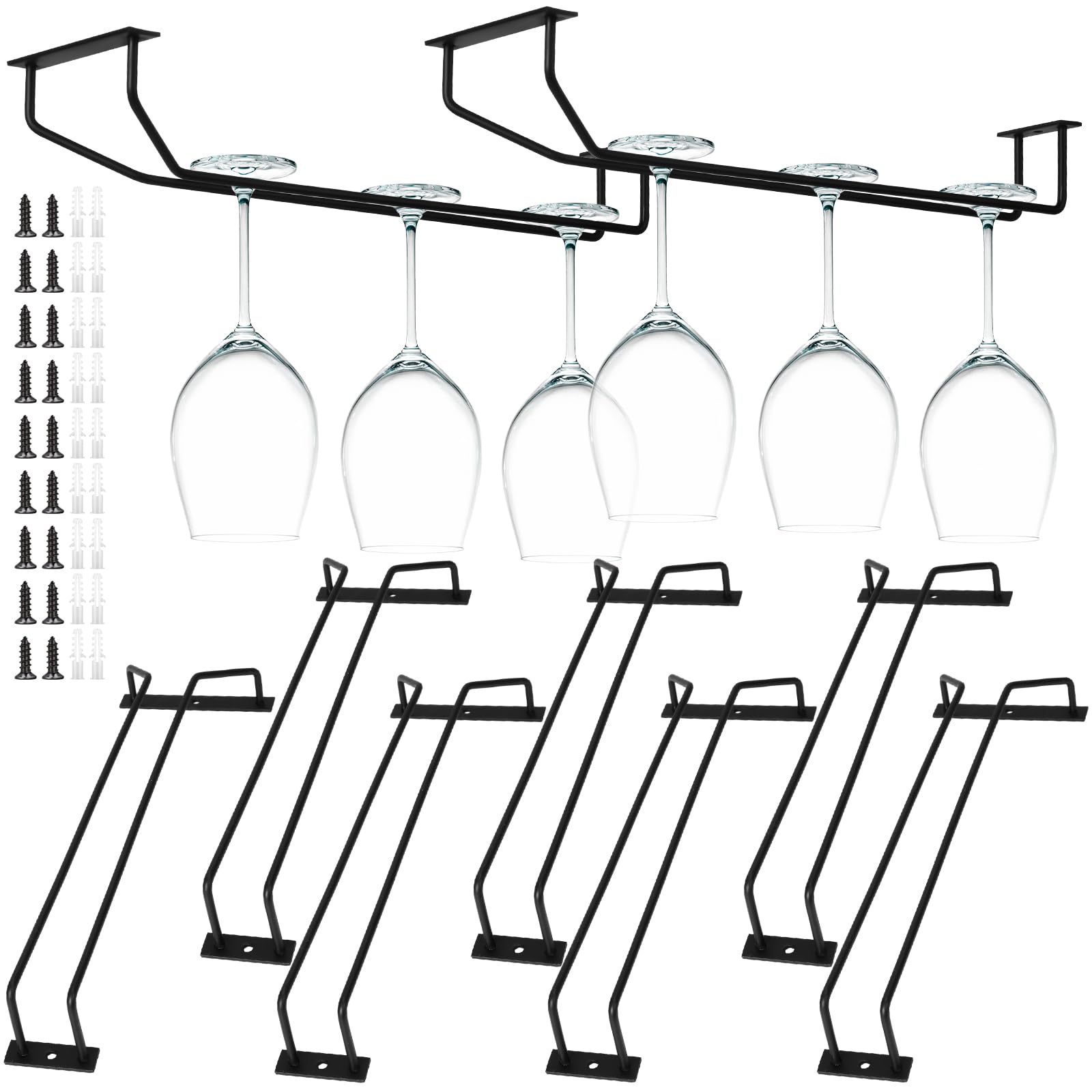 9 Pack 14 Inch Black Under Cabinet Wine Glass Rack - Heavy Duty Metal Stemware Holder for Kitchen, Bar & Pub - Space Saving Hanging Glass Storage Organizer (Perfect for Wine, Cocktail & Champagne Glasses)