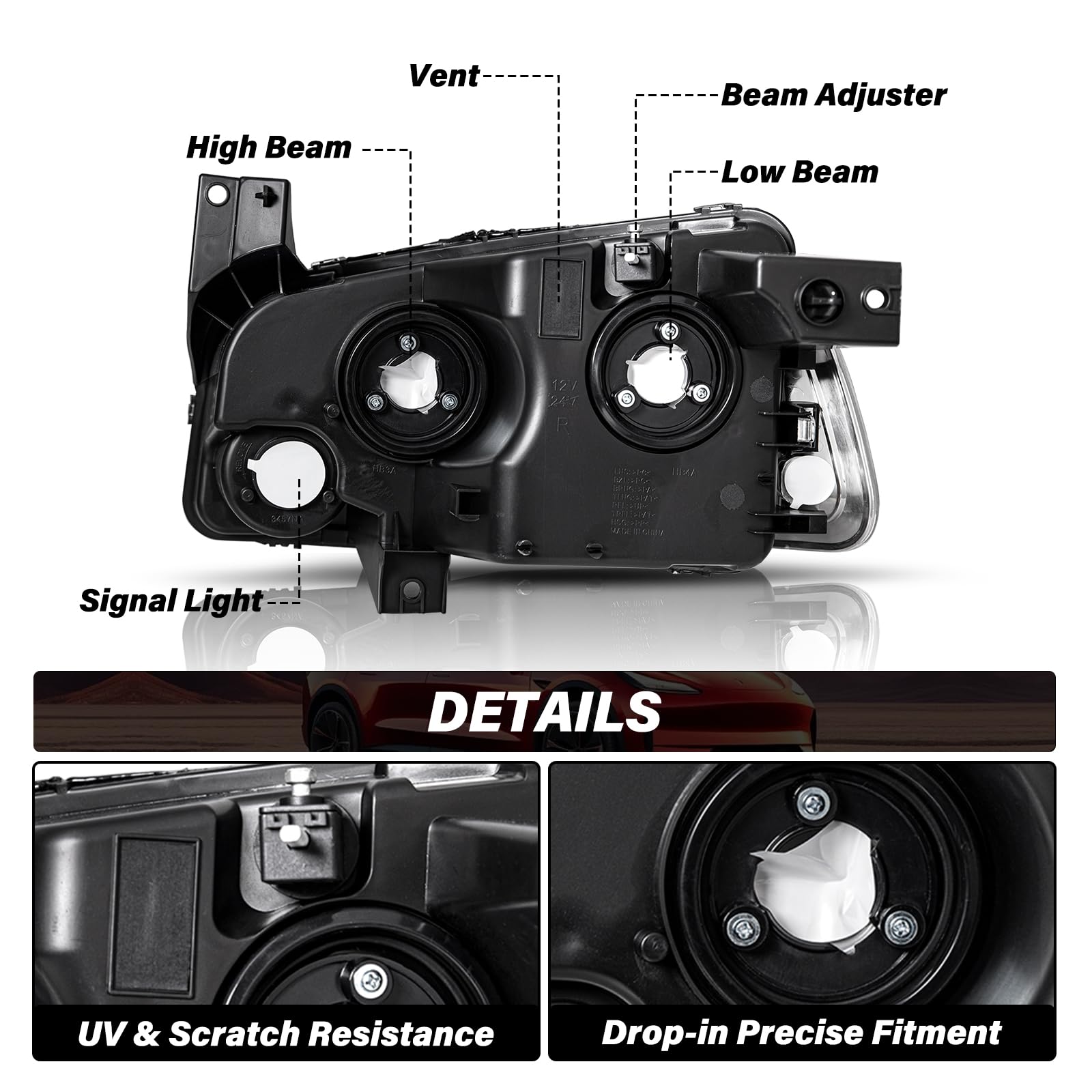2006-2010 Dodge Charger Headlight Assembly - Black Housing Smoke Lens with Amber Reflector (Passenger & Driver Side) | Replacement Headlights for Improved Night Visibility & Style Upgrade