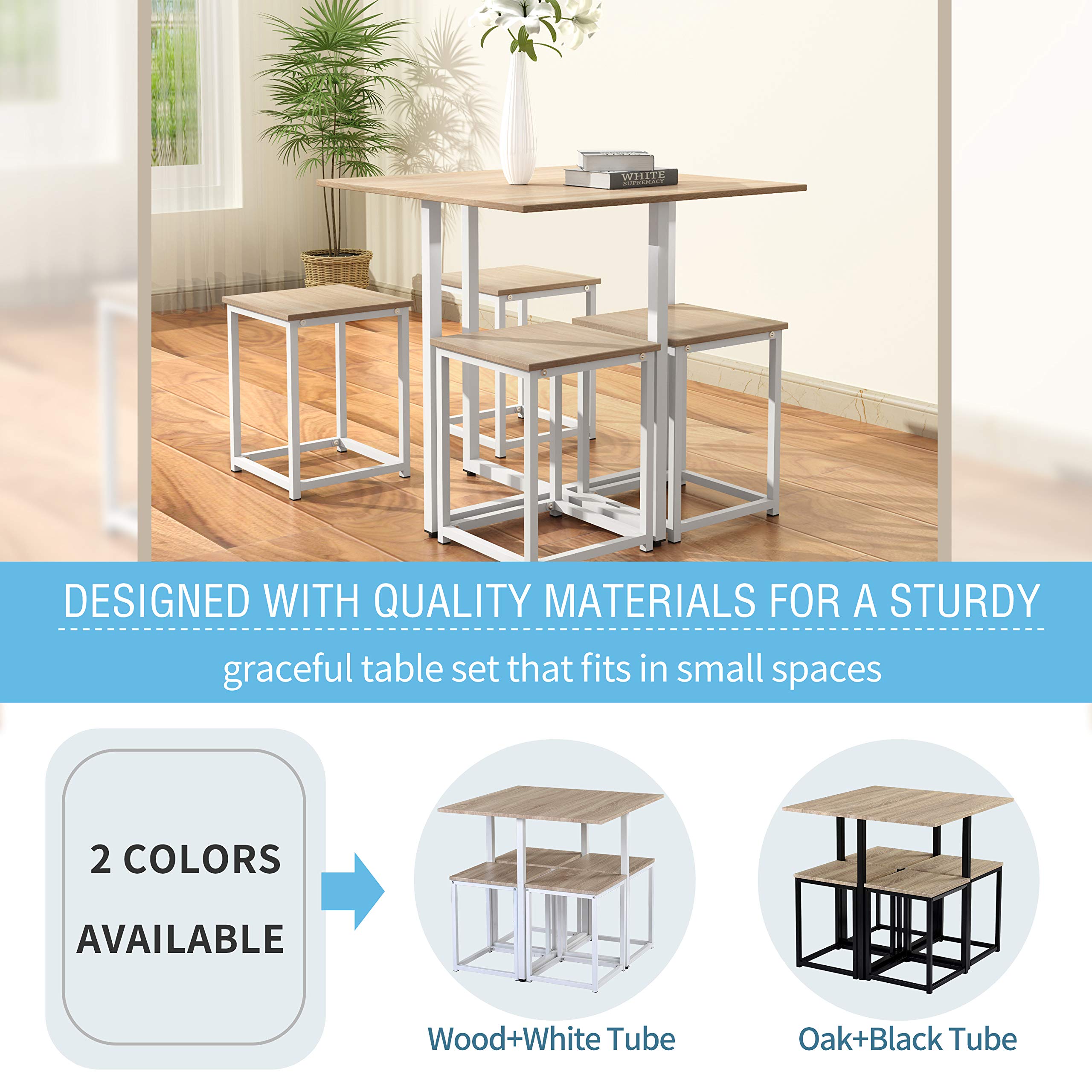 LZ LEISURE ZONE 5-Piece Industrial Dining Set - Kitchen Table with 4 Bar Stools, Natural Wood & White Finish - Perfect for Small Spaces, Apartments, Restaurants & Home Bars