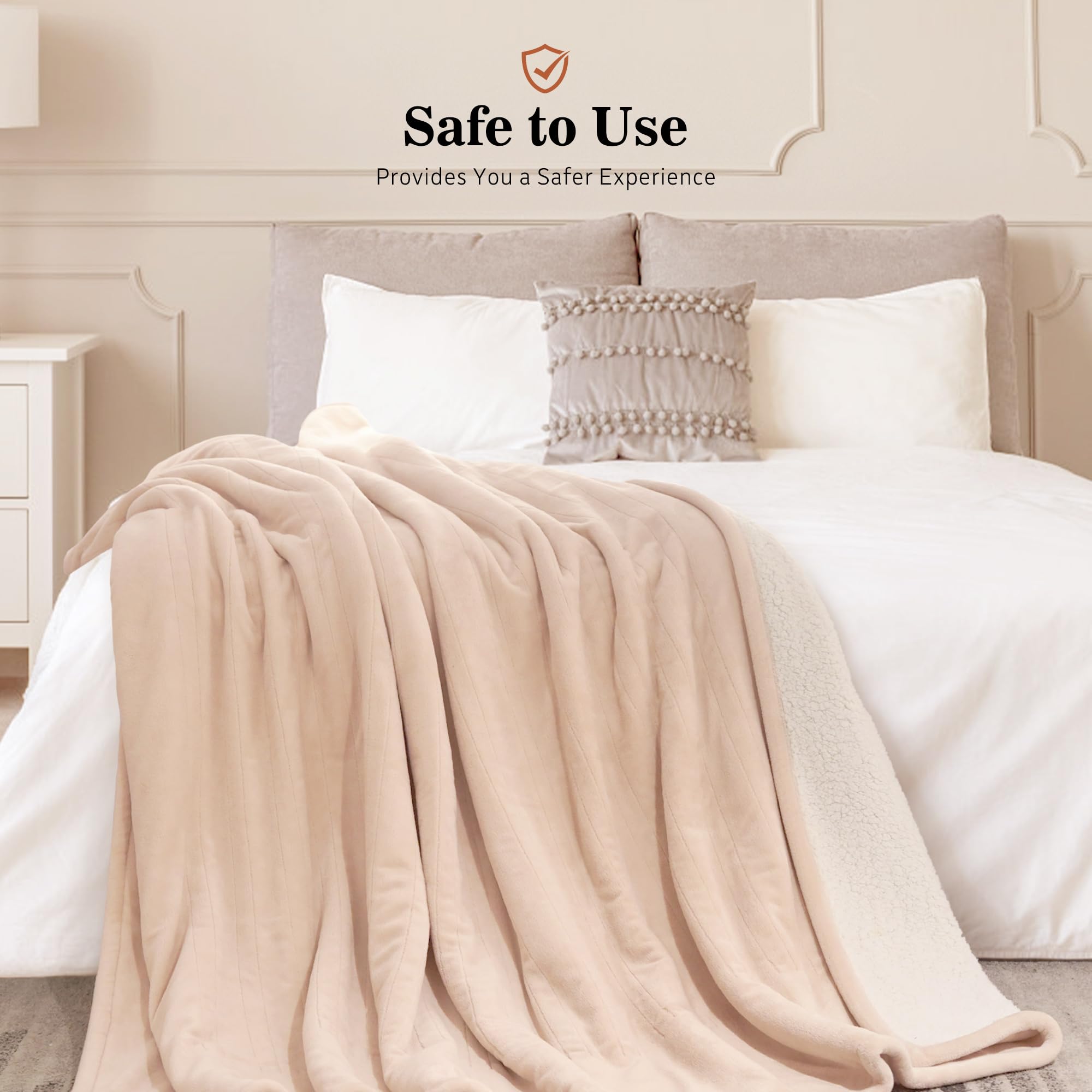 Sealy Electric Heated Blanket Queen Size 84x90 Inch - Flannel & Sherpa Dual-Sided Heating Blanket with 10 Adjustable Heat Settings, 1-12 Hour Auto Shut Off, Fast Warming, Machine Washable, Beige | Perfect for Cold Winter Nights, Bedroom Comfort, and Cozy Gift Giving