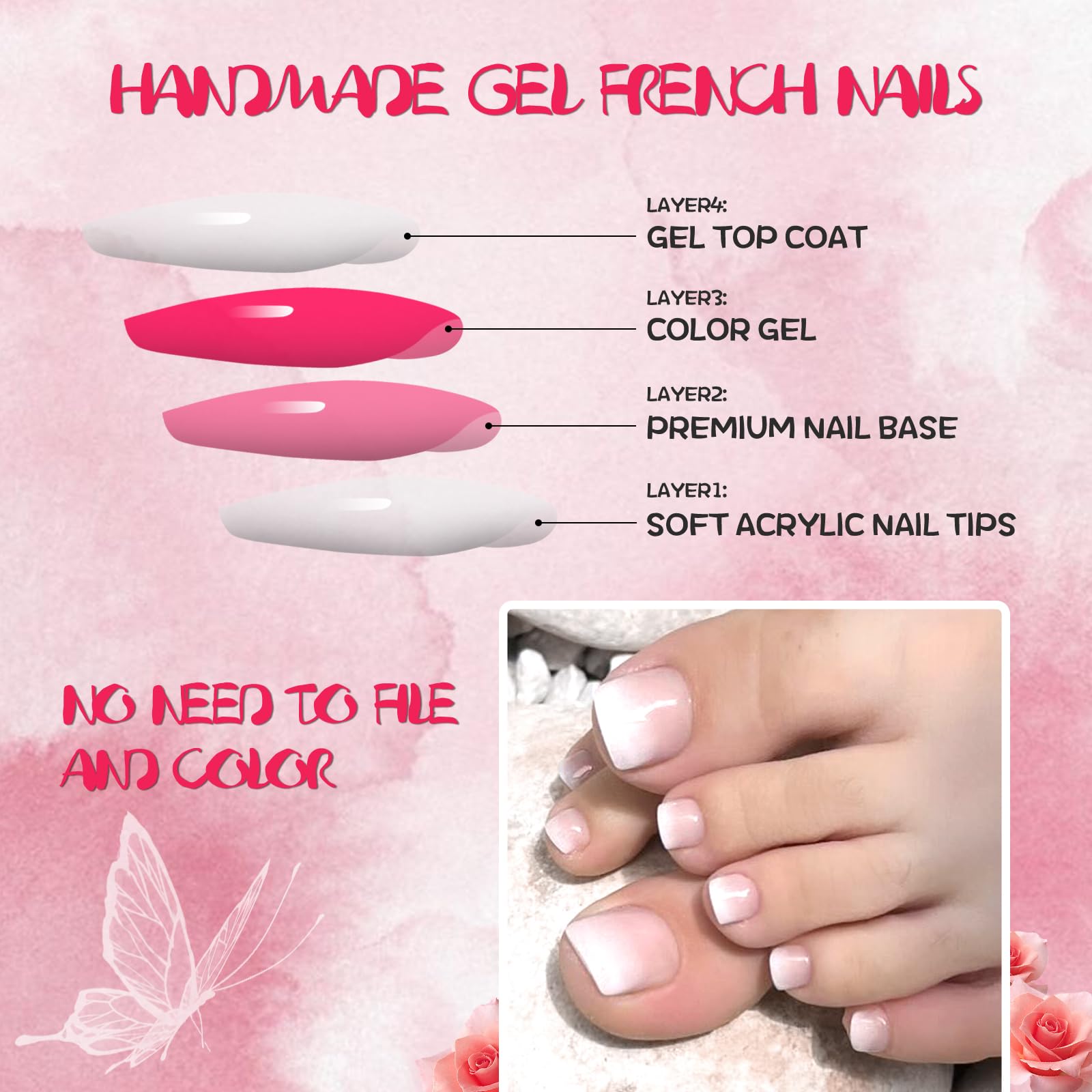 AddFavor 120pcs Ombre Press on Toenails - Pink White Gradient Fake Toe Nails for Women | Easy to Apply, Reusable Artificial Nails | Perfect for Parties, Weddings, Vacations & Everyday Wear