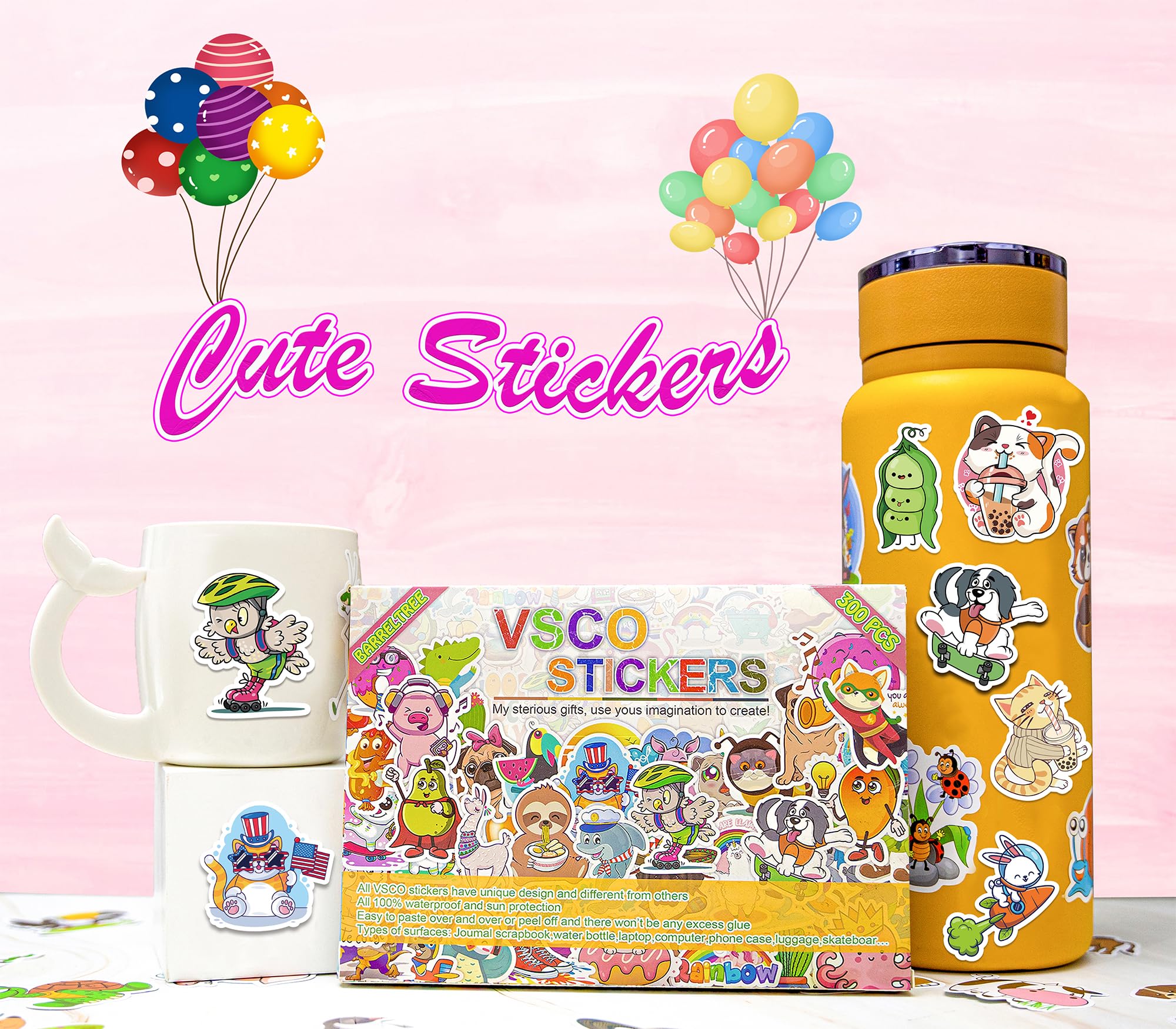 300 PCS Waterproof Vinyl Stickers for Hydro Flask, Water Bottles, Skateboards, Phones & Laptops - Cute VSCO Style Decals for Kids, Teens & Girls - Perfect for School, DIY Crafts & Personalizing Accessories