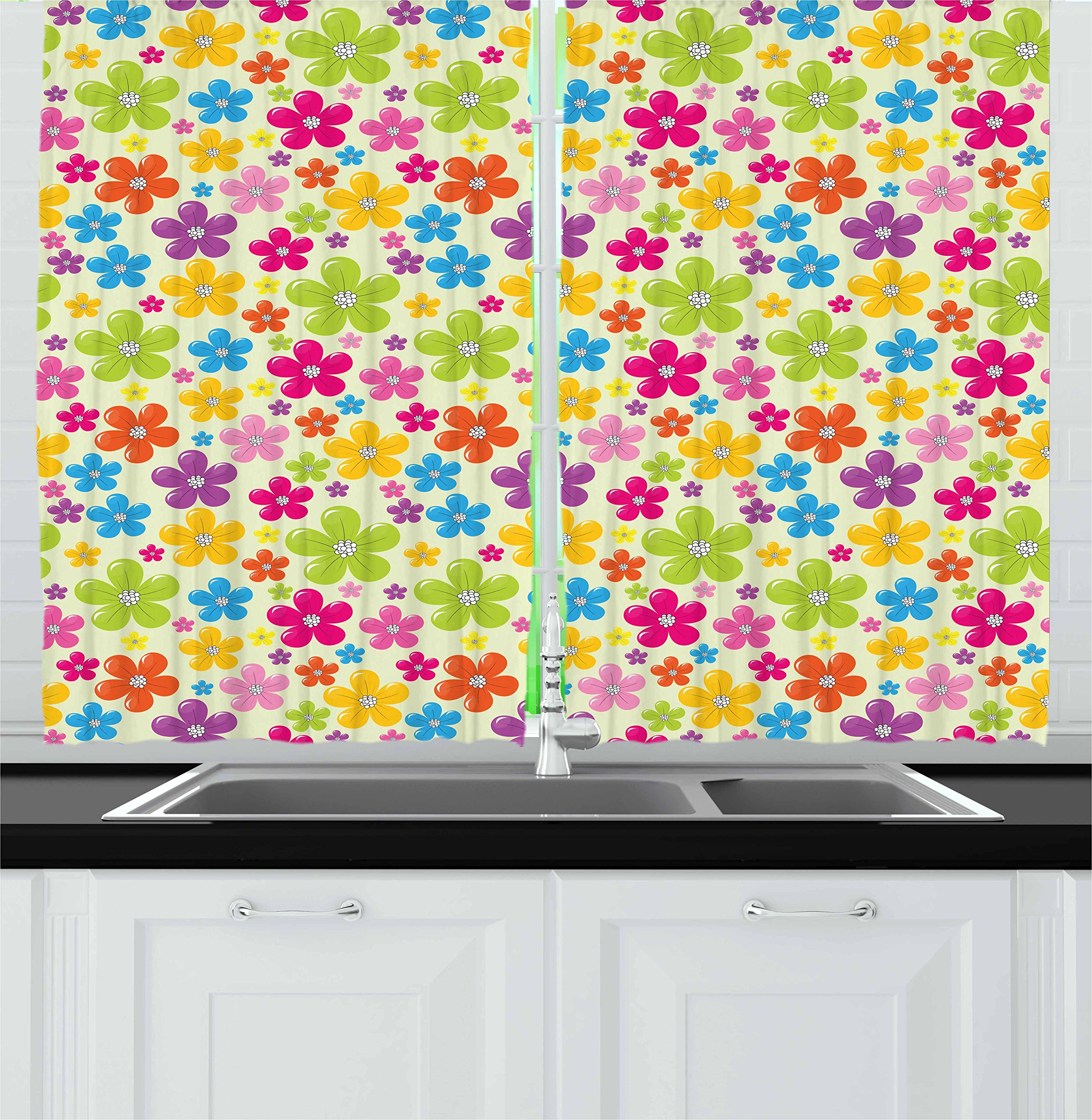 Vintage 60s Inspired Colorful Flower Kitchen Curtains - Hippie Style Nature Print Window Drapes, 2 Panel Set for Kitchen & Cafe Decor (55
