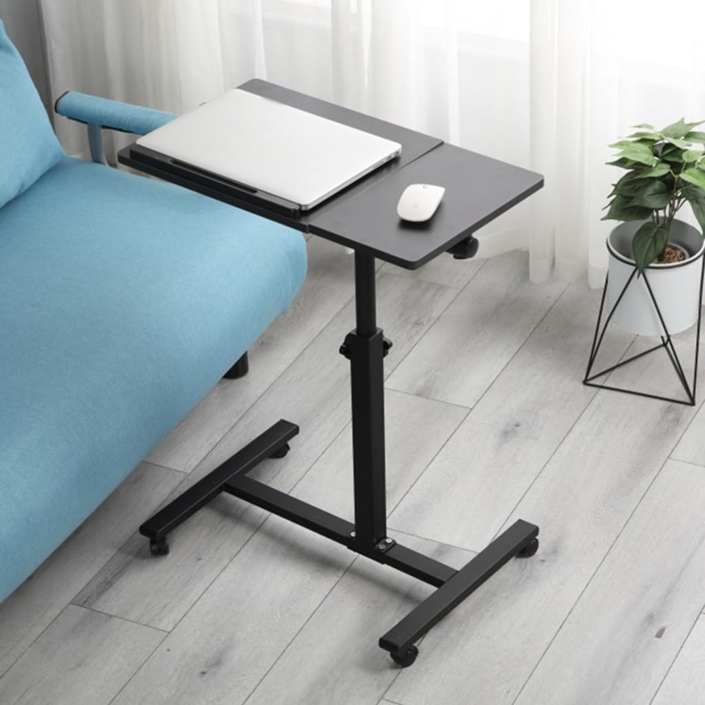 Adjustable Height Rolling Overbed Table - Mobile Lazy Desk for Bedroom, Living Room, Office & Study | Portable Computer Table with Wheels | Perfect for Eating, Working & Reading in Bed (Black)