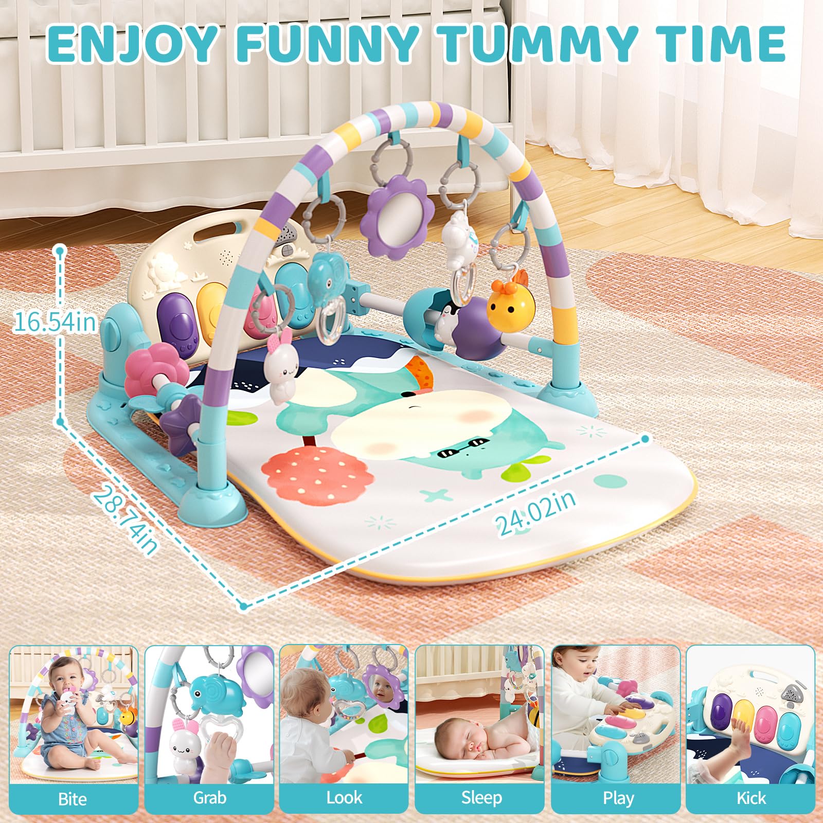 Baby Activity Gym with Kick & Play Piano - 5 Sensory Toys, Music & Lights for Newborns - Tummy Time Play Mat for Boys & Girls (Green) | Perfect for Early Development & Interactive Playtime