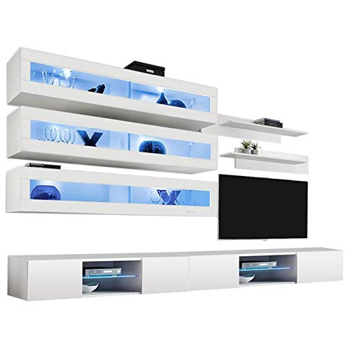 Modern White Wall-Mounted TV Stand with Storage Shelves & LED Lights - J2 33