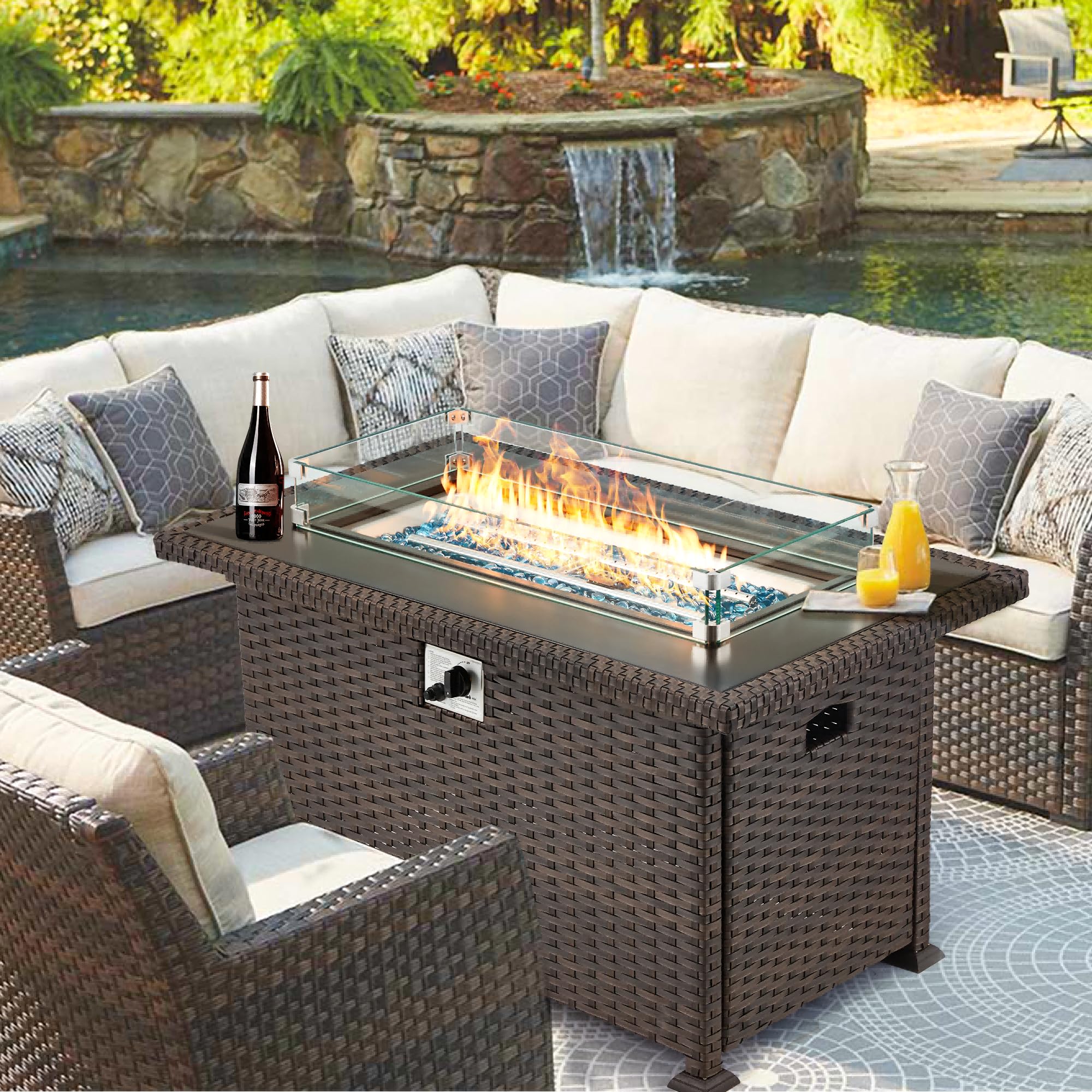GYUTEI 44 Inch Outdoor Propane Fire Pit Table - 50,000 BTU Stainless Steel Burner with CSA Certification, Wind Guard & Glass Beads - Slide-Out Tank Holder for Patio, Backyard, Deck (Dark Brown) - Perfect for Outdoor Gatherings, Camping & Relaxation