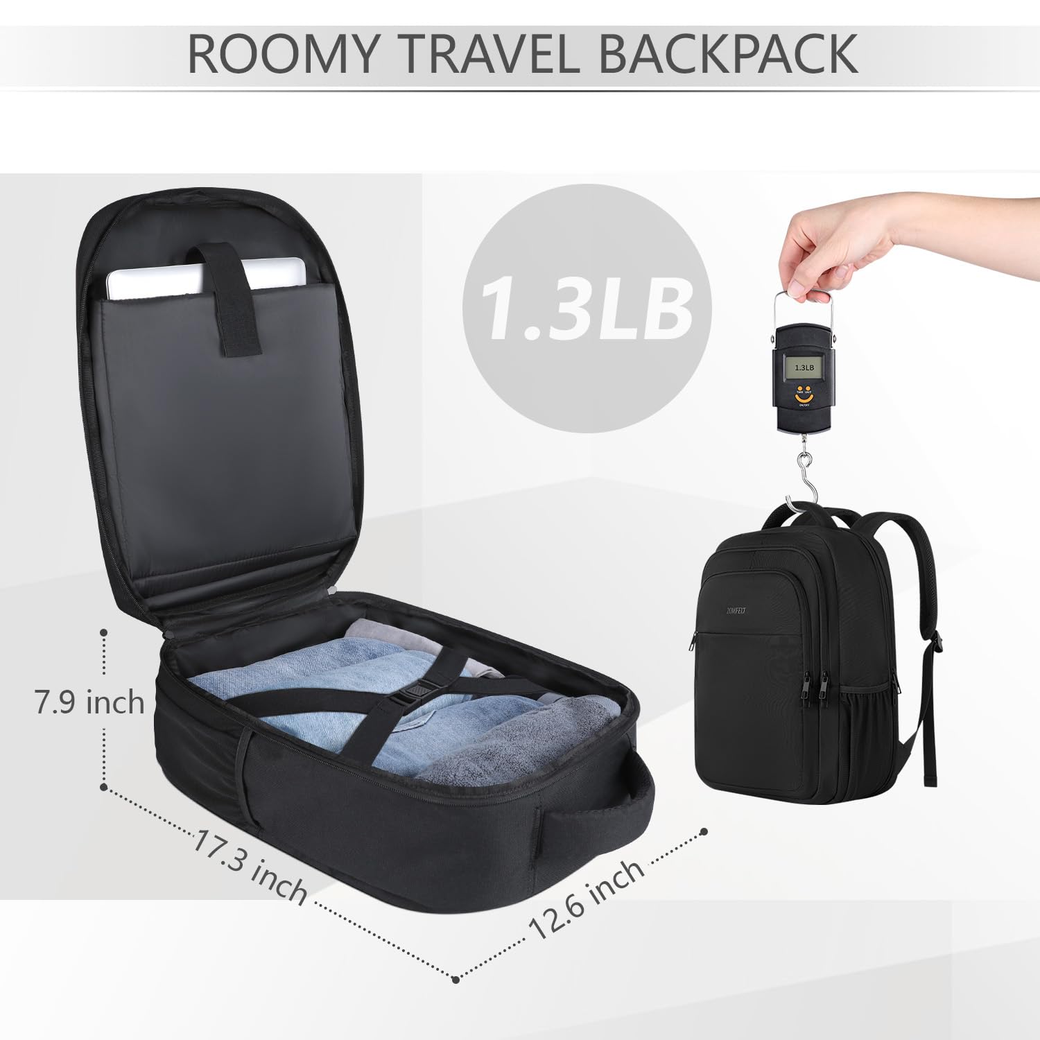 ZOMFELT 15.6 Inch Laptop Backpack for Men & Women - Water Resistant, Flight Approved Carry On Backpack for College, Business, Work & School - Durable Daypack for Travel, Commuting & Daily Use - Black