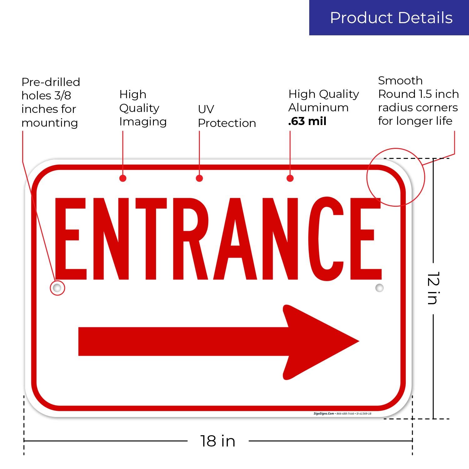 Right Arrow Entrance Sign - 12x18 Inches Rust-Free .063 Aluminum, Fade-Resistant & Easy Mounting for Indoor/Outdoor Use | Made in USA | Perfect for Parking Lots, Warehouses & Building Entrances