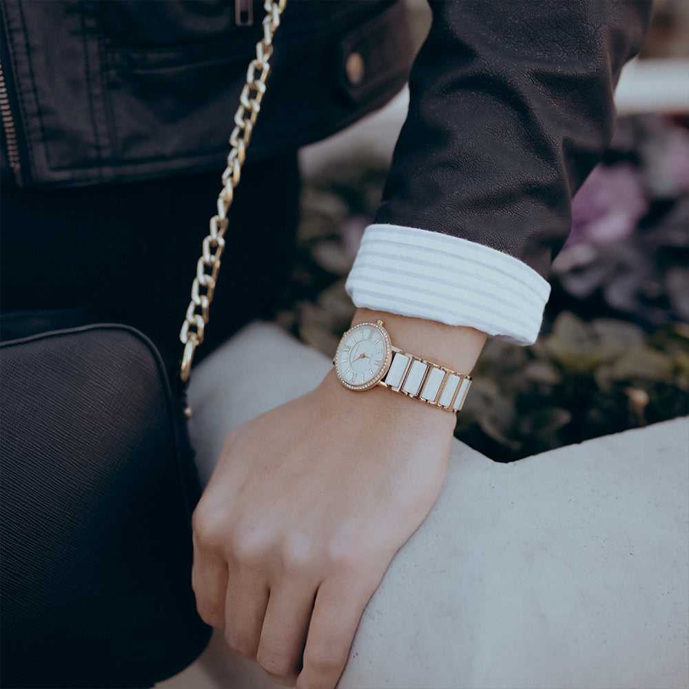 ARIES GOLD ENCHANT GLITTER Rose Gold Stainless Steel Women's Watch with White Ceramic Band - Elegant Dress Watch for Women, Perfect for Parties, Weddings & Special Occasions
