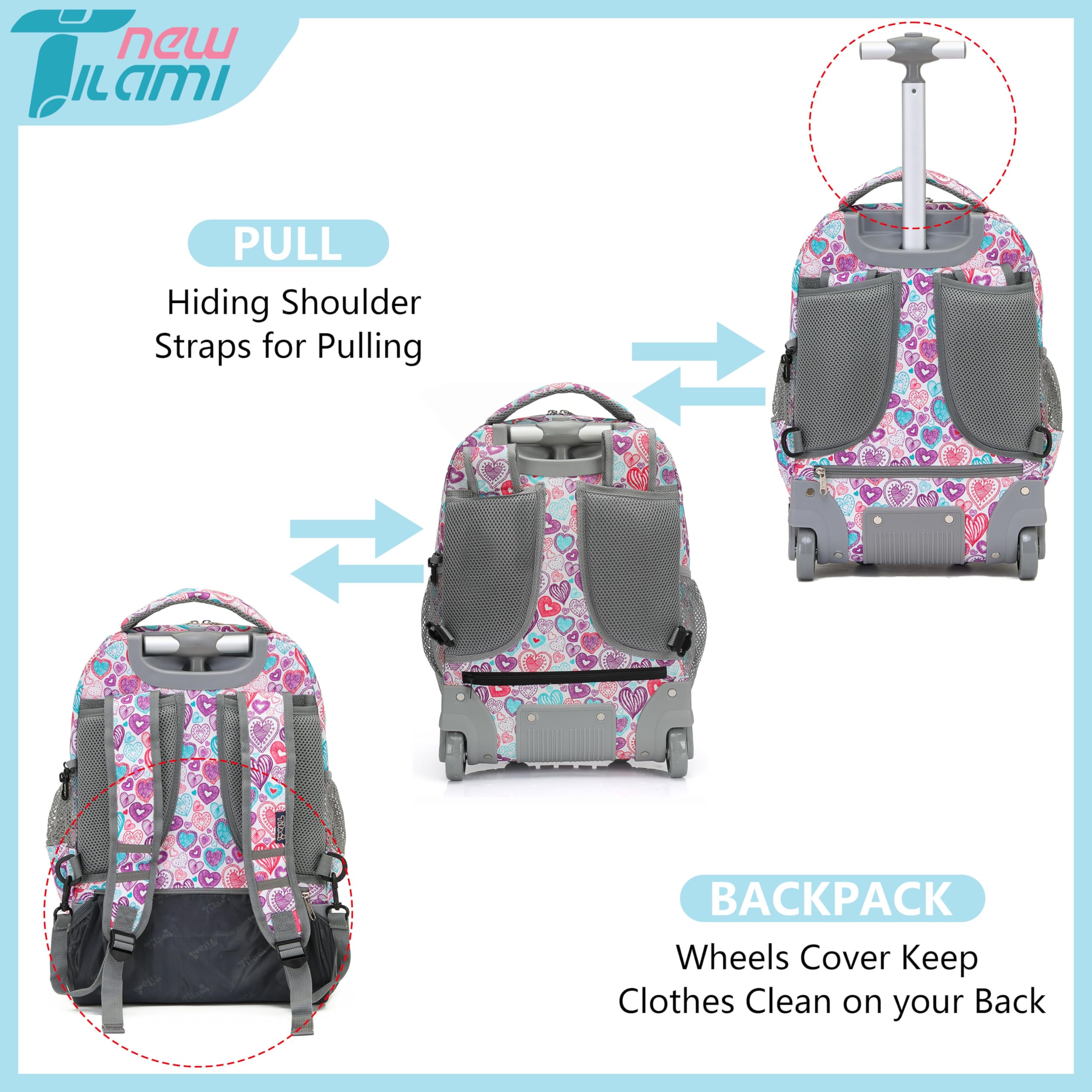 TILAMI 18 Inch Rolling Backpack for Kids - Wheeled Laptop Backpack with Extendable Handle, Durable School Backpack for Travel, College & Airplane Carry-On (Ideal for School, Commuting & Family Trips)