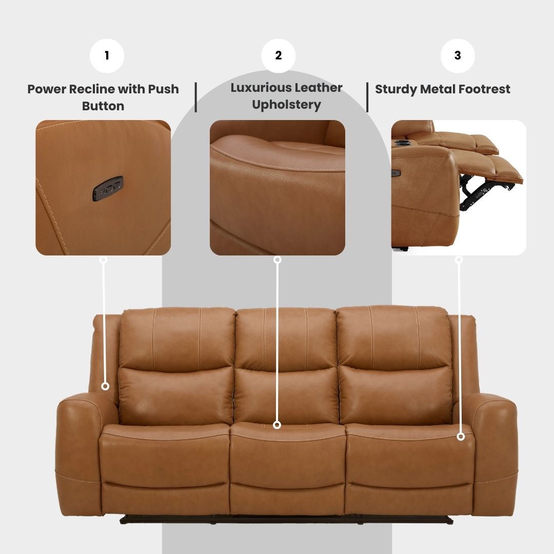 Roundhill Furniture Cozura Genuine Leather Power Dual Reclining Sofa - 3-Seater Living Room Couch with USB Charging for Home Theater & Family Relaxation