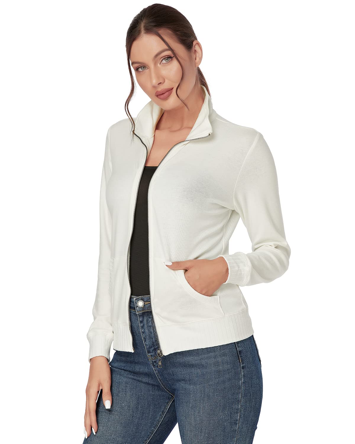 J.Corrine Women's Zip Up Hooded Sweatshirt Jacket - Stand Collar Long Sleeve Athletic Running Track Jacket with Pockets - Navy Blue - Perfect for Gym, Jogging & Casual Wear
