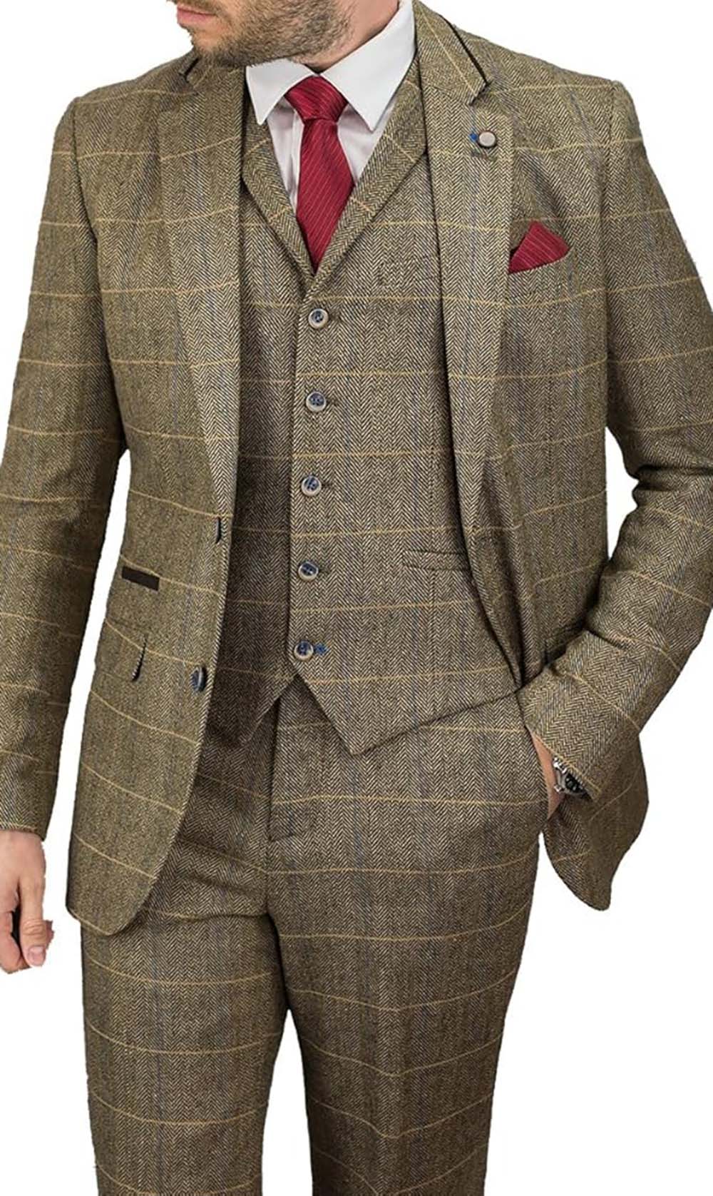 Custom Slim Fit Men's Suit - Brown Plaid Wool Herringbone Tweed 3-Piece Wedding Suit & Blazer (CS12203) | Perfect for Weddings, Business Meetings & Formal Events