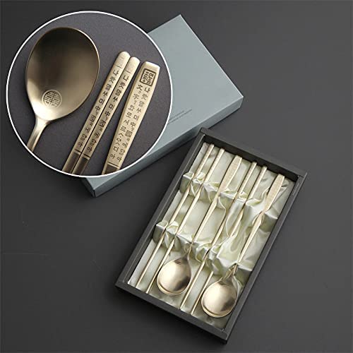Premium Korean Metal Chopsticks and Spoon Set - Stainless Steel with Titanium Gold Plating & Hangul Characters - Perfect for Asian Dining, Gifts, and Home Decor