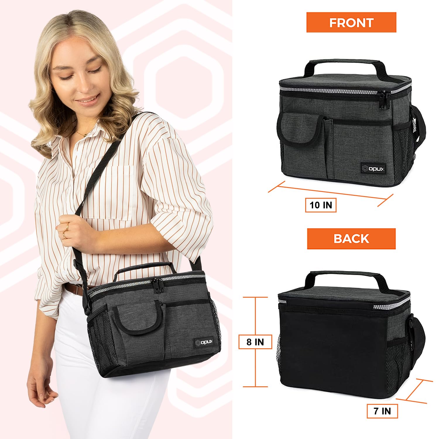 OPUX Insulated Lunch Bag for Men & Women - Leakproof Charcoal Grey Lunch Box for Work & School, Portable Soft Cooler Bag with Shoulder Strap - Fits 14 Cans/8L - Perfect for Office, Picnics & Outdoor Activities
