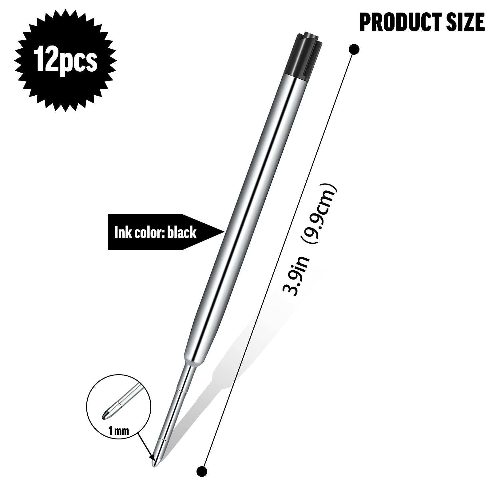 12 Pack Black Ink 1.0mm Medium Point Metal Ballpoint Pen Refills - Smooth Writing Replacement Refills for Retractable Pens - Perfect for School, Office & Everyday Use (Black)