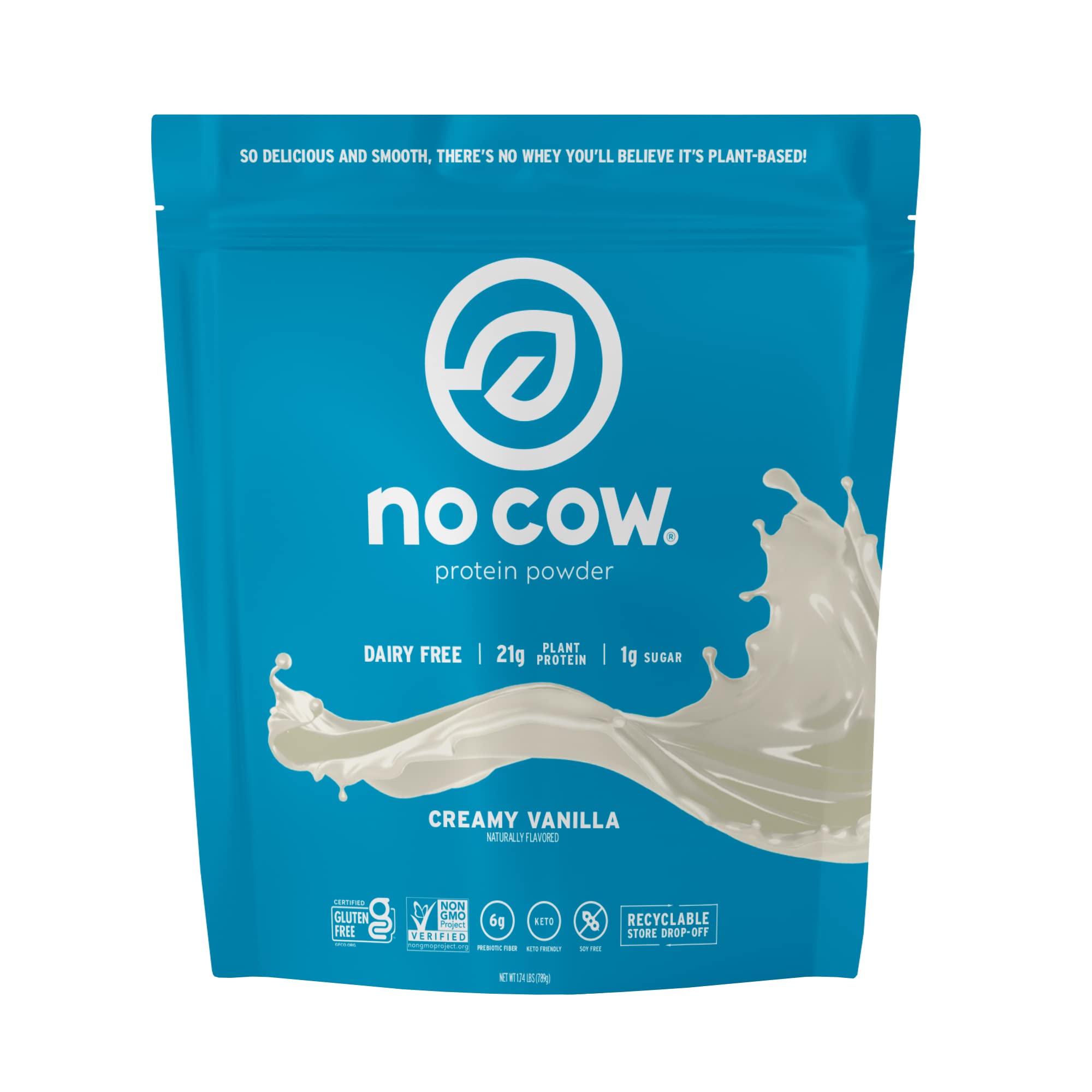 No Cow Vegan Protein Powder - Vanilla Flavor, 21g Plant-Based Protein | Dairy Free, Soy Free, Sugar Free, Keto & Gluten Free | Non-GMO, Kosher Certified | 1.74lb Recyclable Bag | Perfect for Post-Workout Recovery & Healthy Smoothies