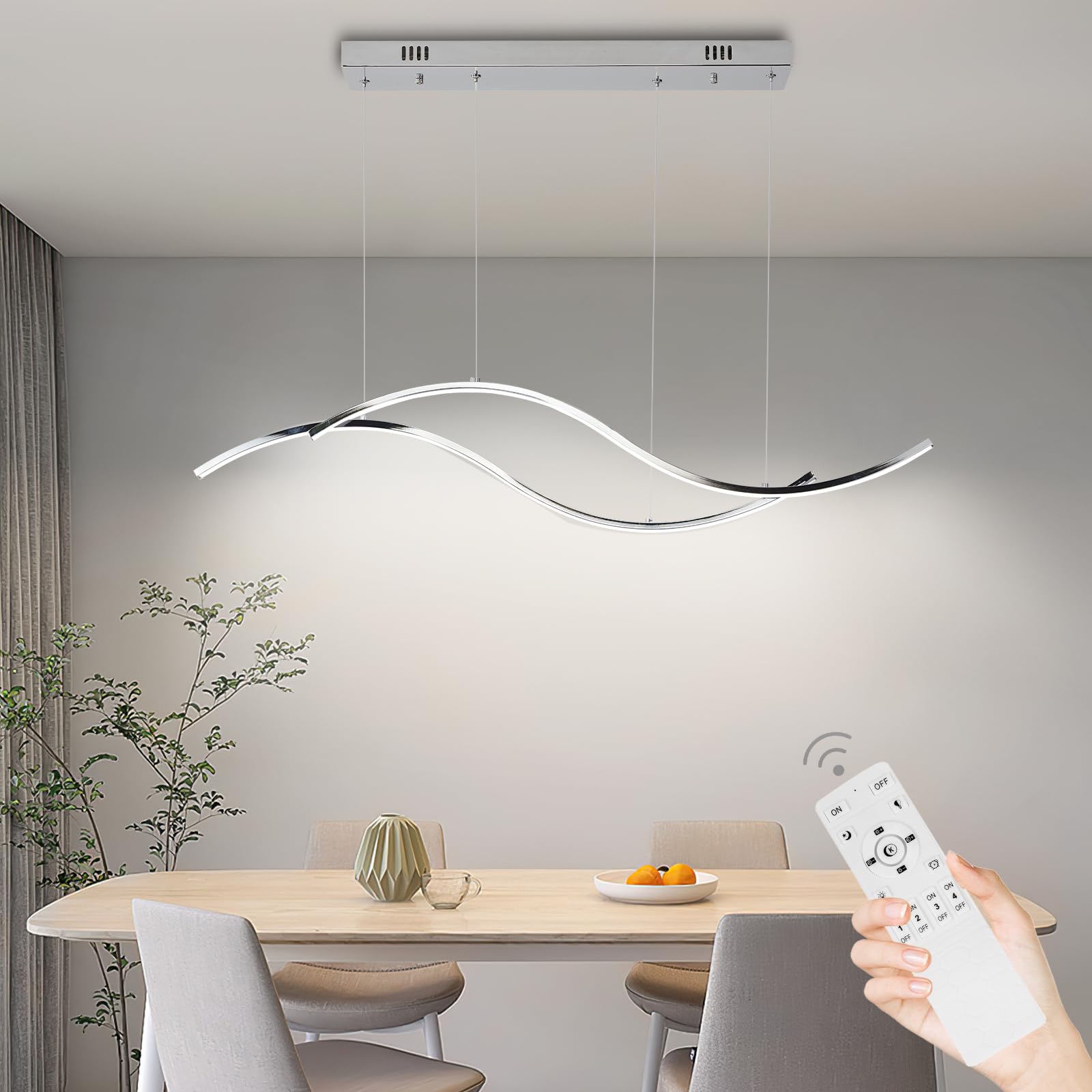 Modern Dimmable LED Pendant Light - Chrome Wave Chandelier for Dining Room, Kitchen Island & Bedroom | Energy-Efficient Hanging Light Fixture for Home Decor (Perfect Over Tables, Countertops and Living Spaces)