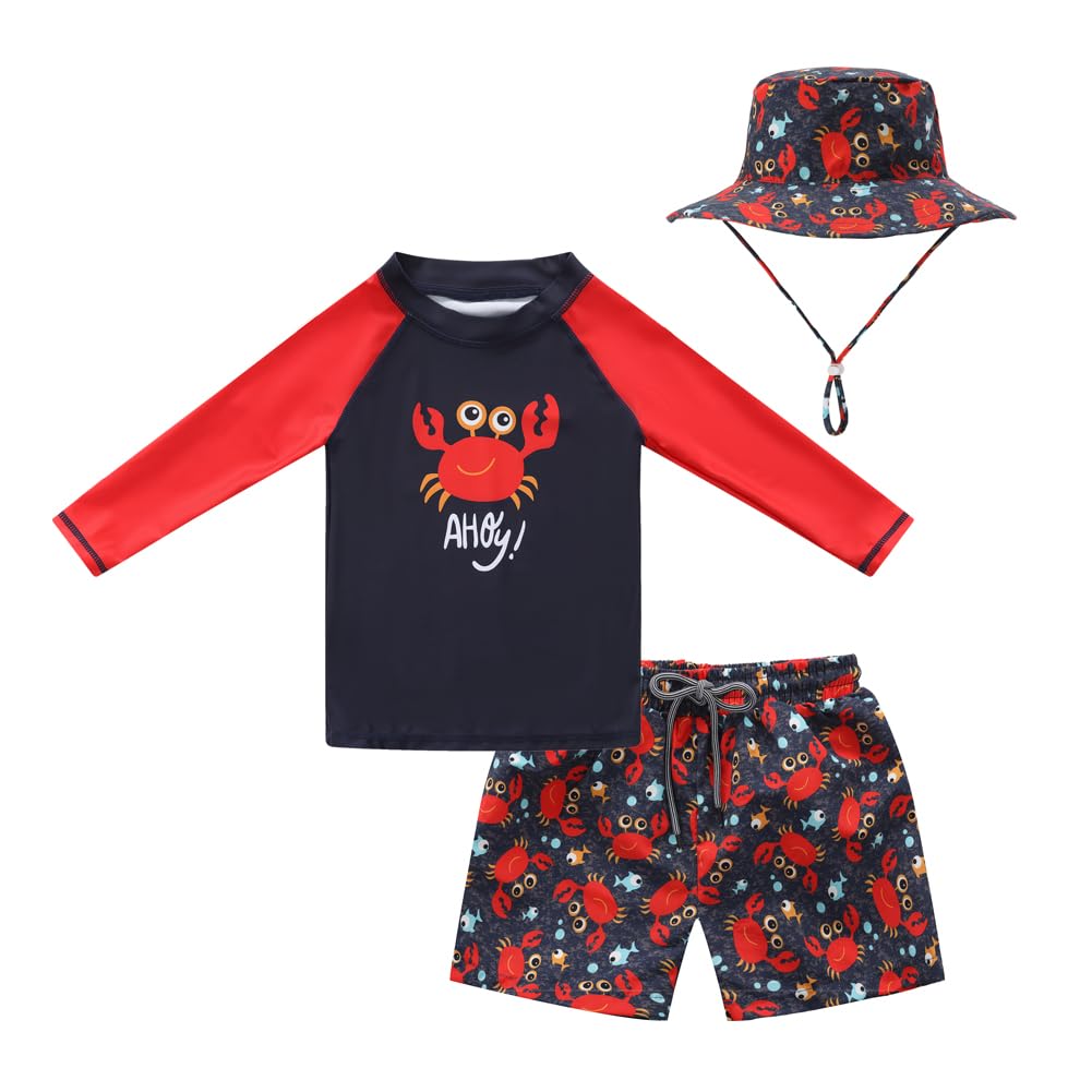 3-Piece Baby Boys Swimwear Set - Long Sleeve Rashguard, Swim Trunks & Sun Hat for Toddlers | UV Protection Beach & Pool Outfit