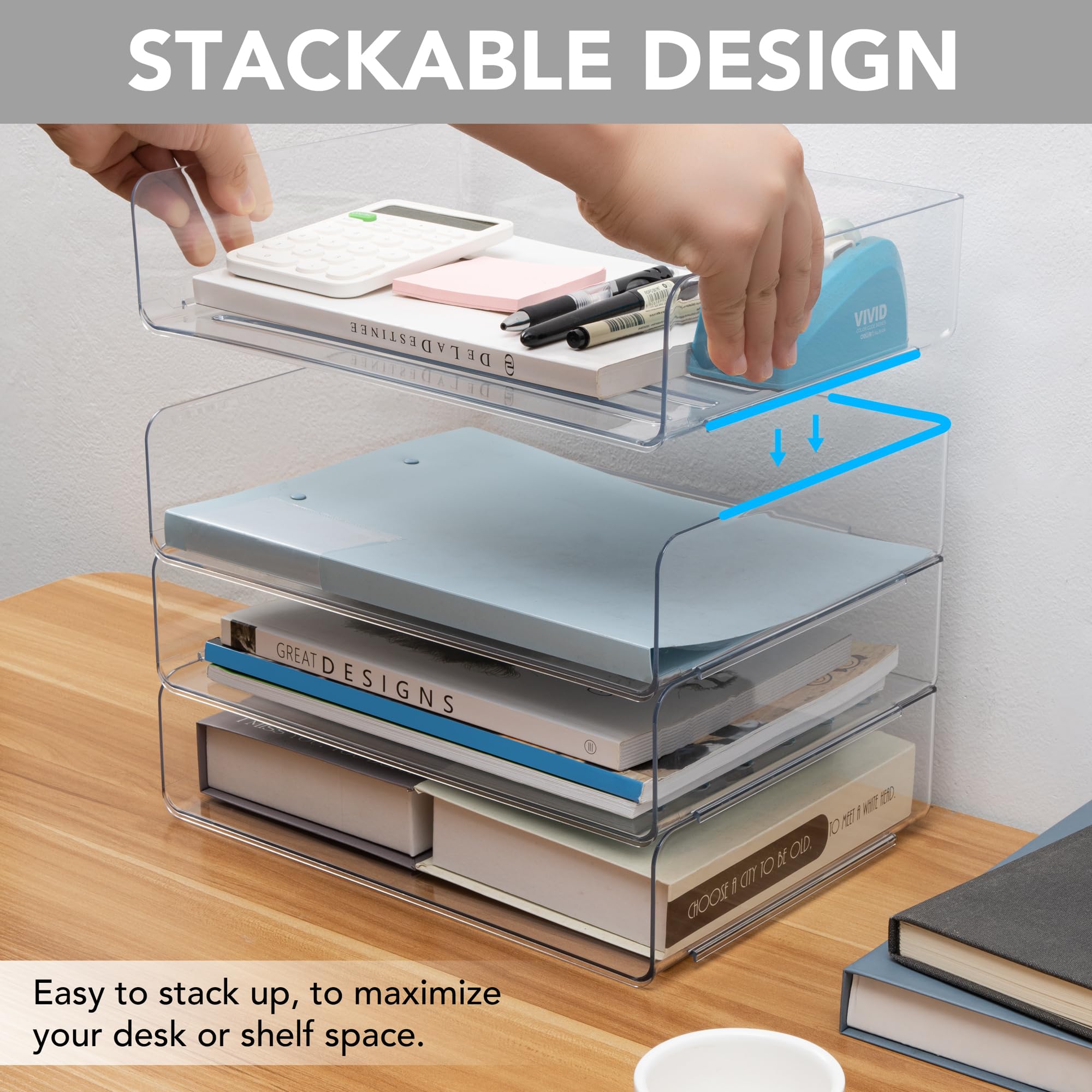 Clear Stackable 4-Tier Desk Organizer - A4 Size Letter Tray for Office, Home & Classroom | Perfect for Documents, Folders, Books & Magazines | Ideal Workspace & Study Organization Solution