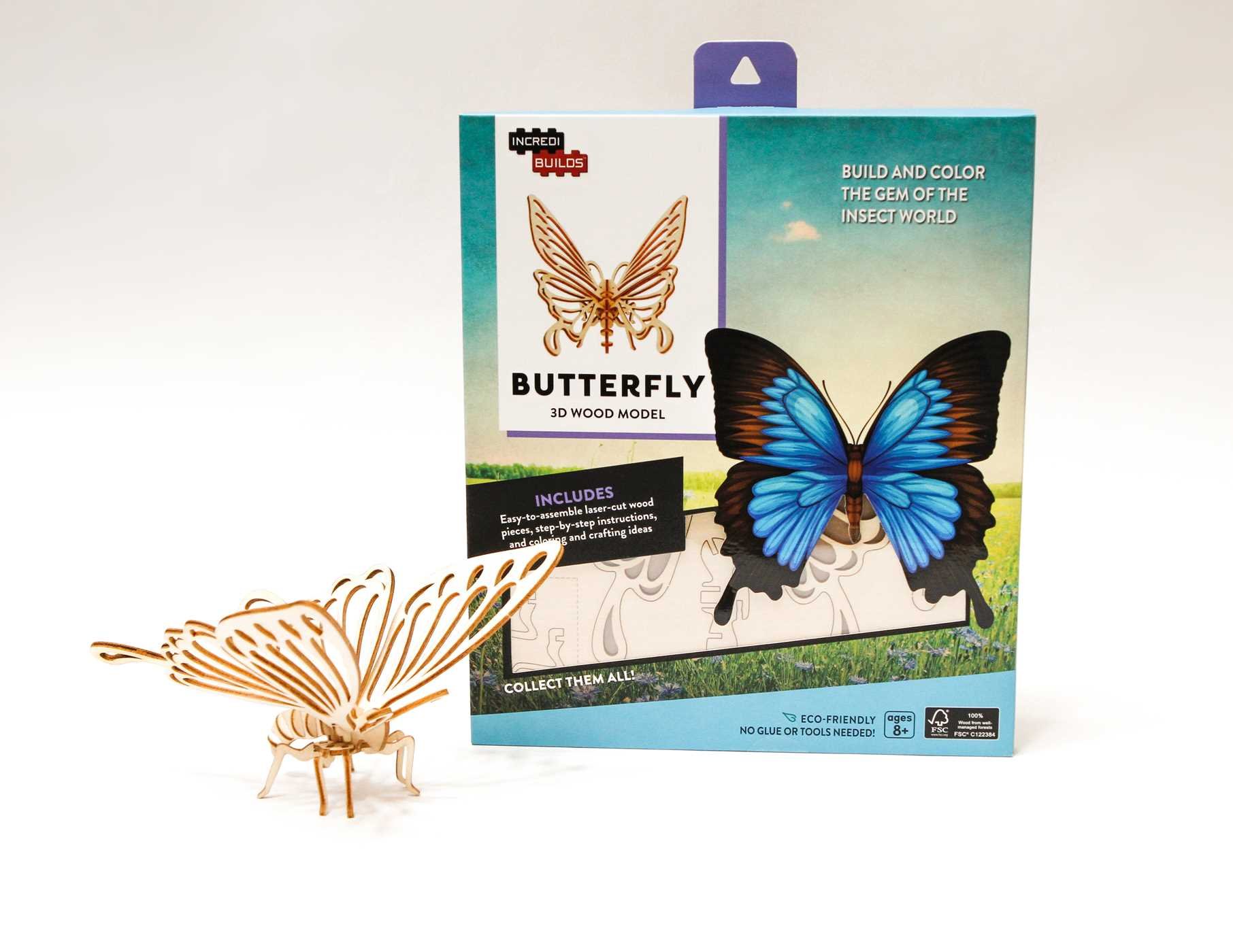 IncrediBuilds: Butterfly 3D Wood Model Kit - DIY Wooden Puzzle for Kids & Adults - Home Decor & Educational STEM Toy for Classroom, Birthday Gift & Craft Lovers