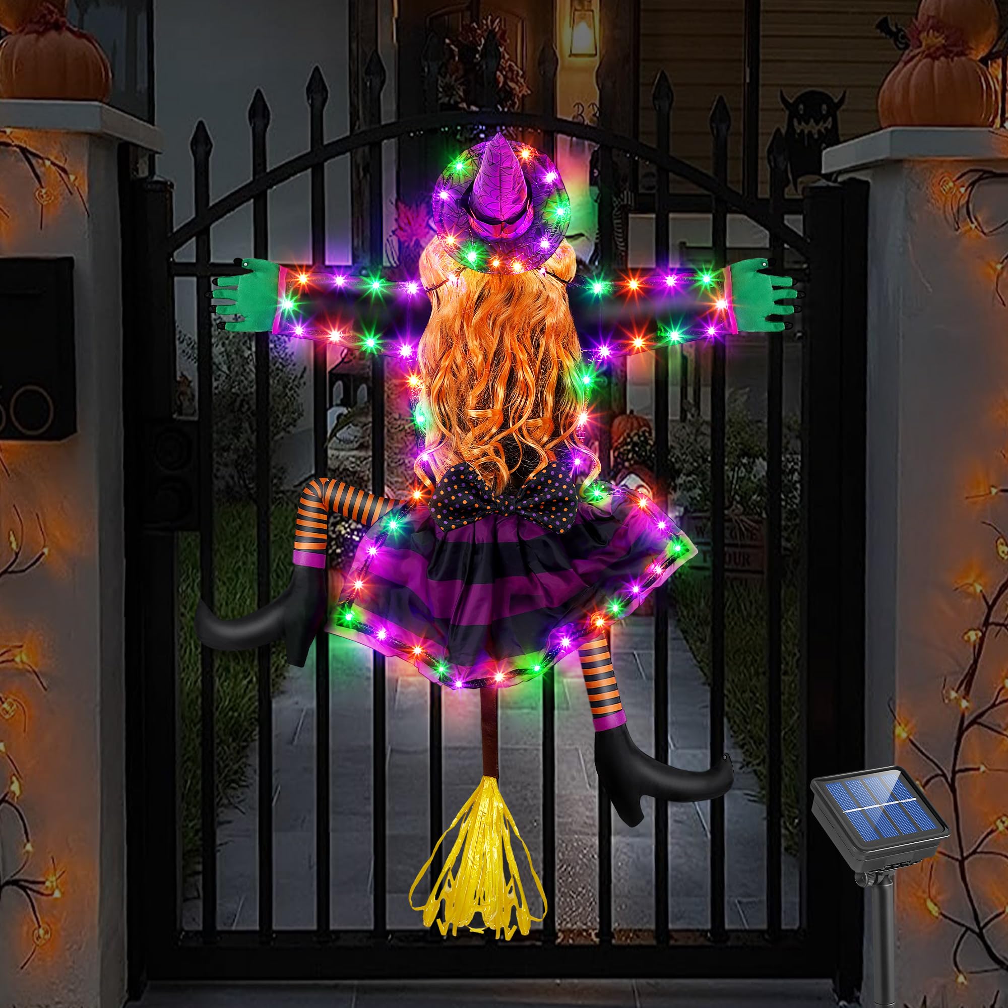43 Inch Large Solar-Powered Crashed Witch Halloween Decoration with String Lights - Outdoor Porch, Garden, Patio, Pathway Party Decor (Purple, Orange, Green) - Perfect for Spooky Halloween Yard Displays and Themed Parties