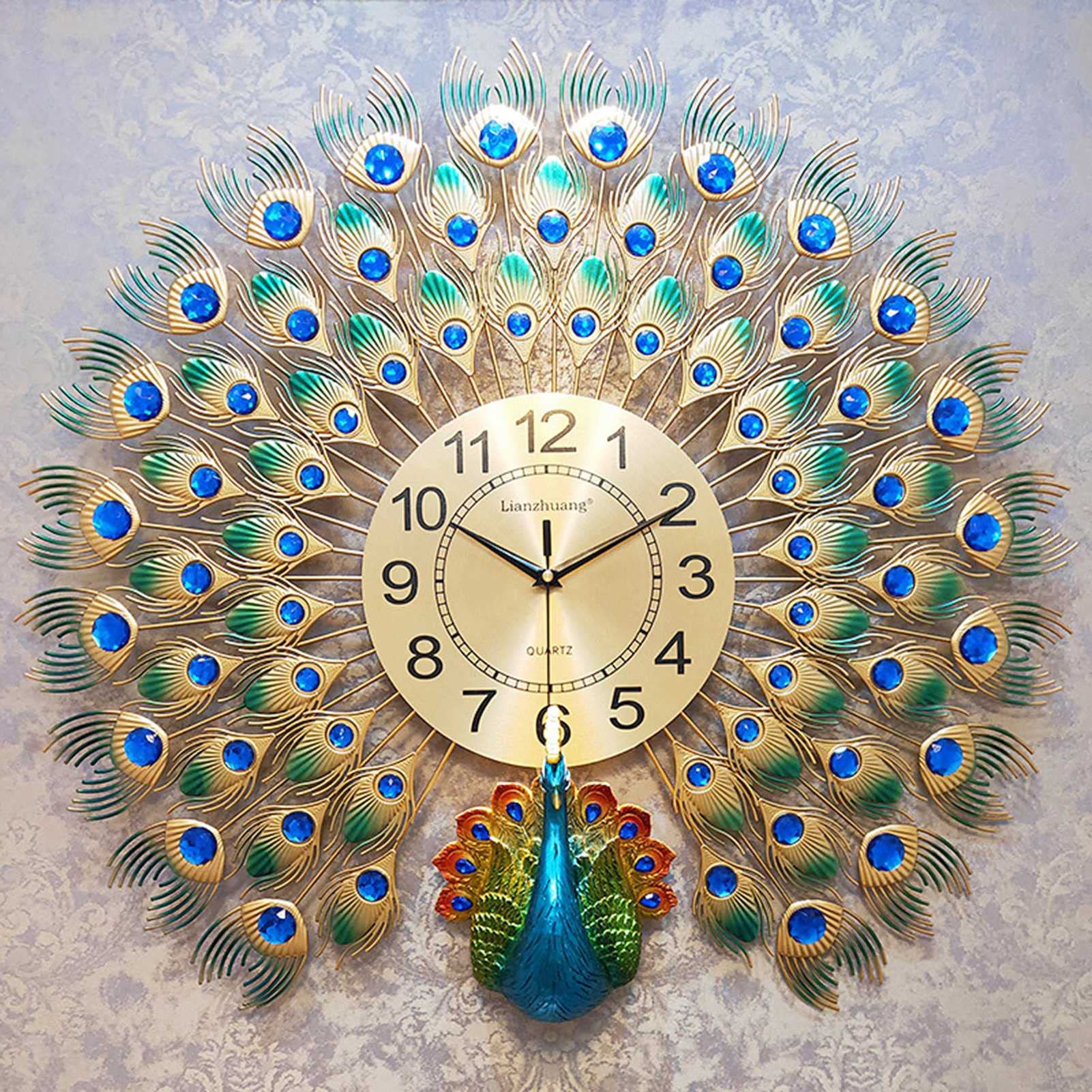 Luxury Peacock Wall Clock - Crystal Decor Silent Non-Ticking Wall Clock for Living Room, Bedroom, Office | Elegant Home Decor & Wall Art for Schools, Kindergartens | Perfect for Home, Office & Classroom Decorations