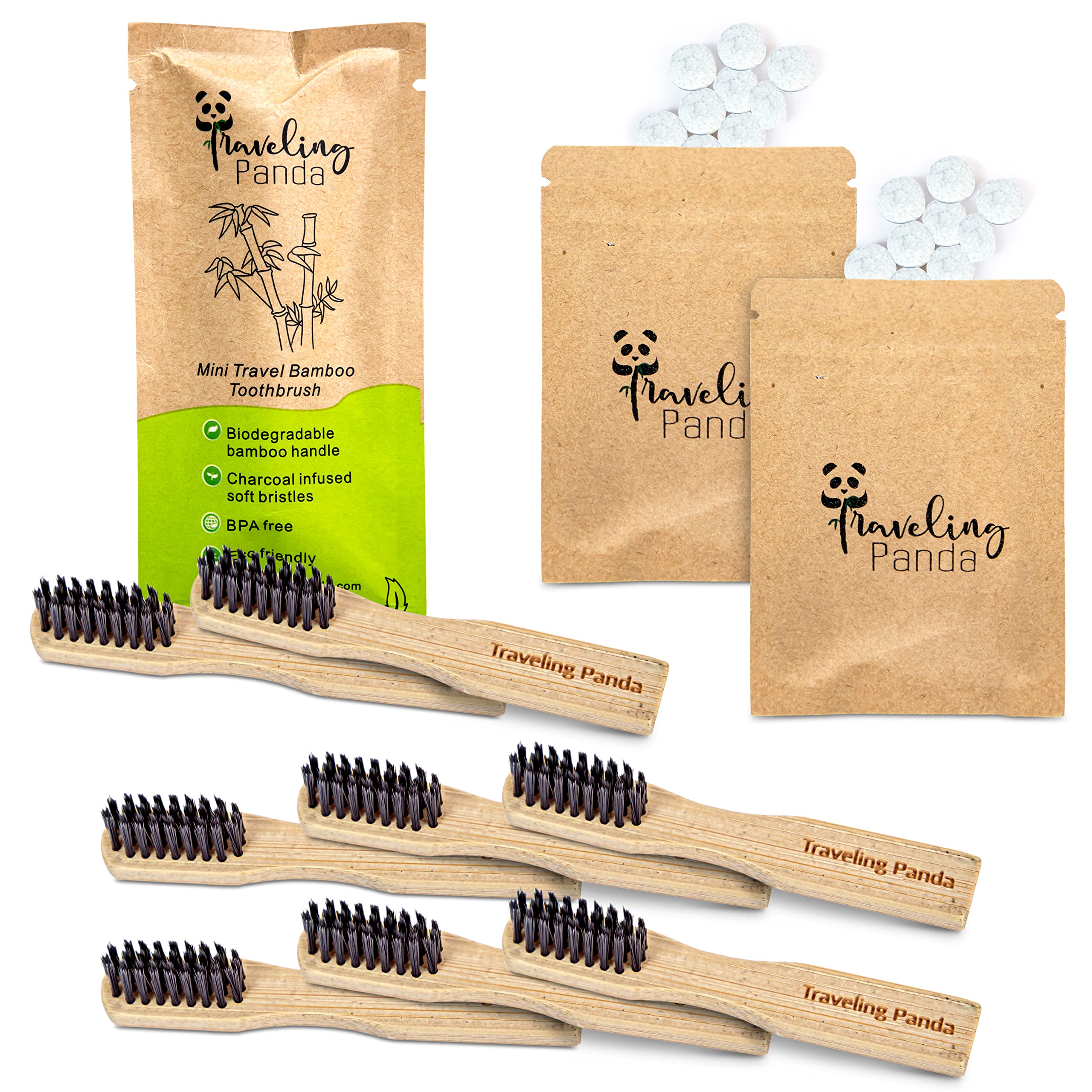 Eco-Friendly Travel Panda Bamboo Toothbrushes with Soft Bristles | Mini Travel Toothbrush Kit Includes 8 Bamboo Brushes & 80 Charcoal Toothpaste Tablets | Perfect for Camping, Hiking, Backpacking & On-The-Go Oral Care