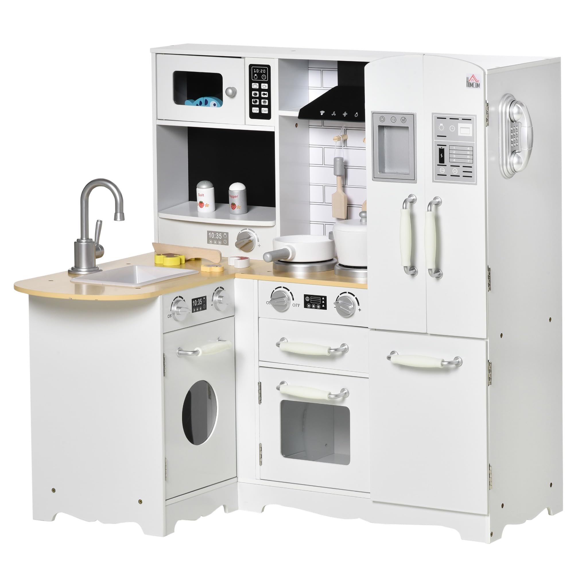Qaba Corner Kitchen Playset with Cooking Set, Realistic Kids Kitchen with Range Hood, Microwave, Oven, Stove, Refrigerator & Telephone, Interactive Pretend Play Kitchen with Sound Effects for Toddlers - Perfect for Home Playroom & Preschool Learning