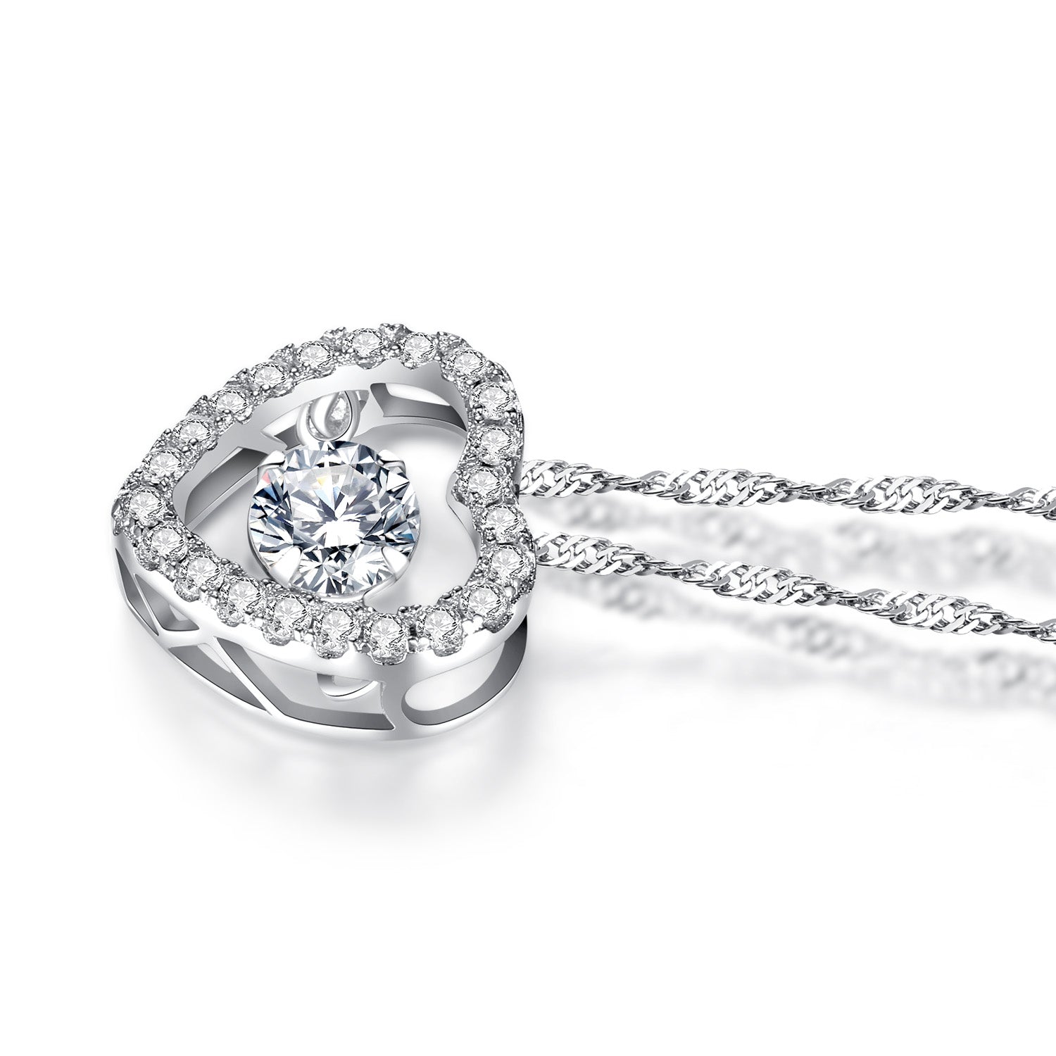 MABELLA Sterling Silver 0.5ct Round Cubic Zirconia Heart Dancing Pendant Necklace 18