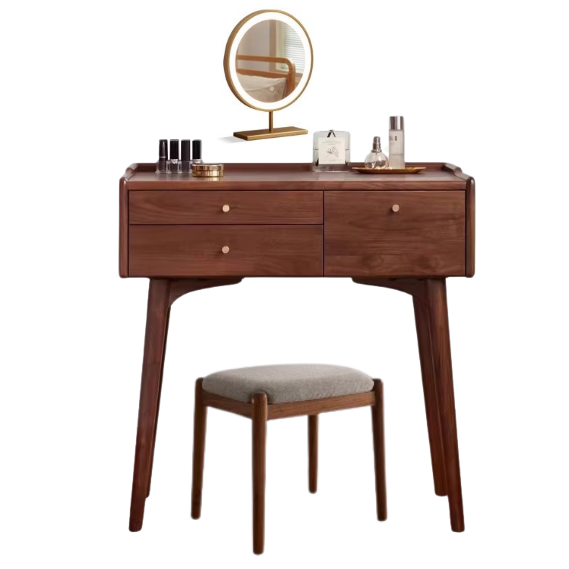 31.5x17.7x31.9 inch/ 80x45x81сm/ Rich Dark Walnut color/ Black Walnut Dressing Table + Cosmetic Mirror Gold Edge + Cosmetic Stool Linen Gray Set