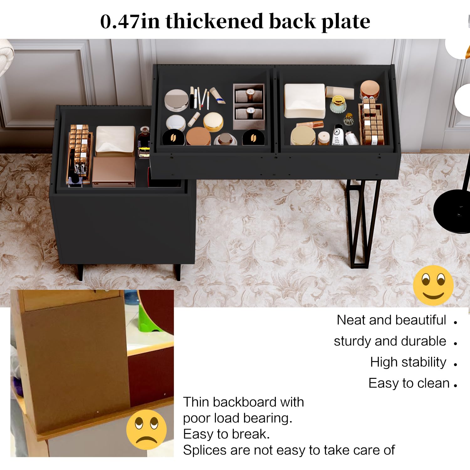 Modern Black Vanity Desk with Mirror & Lights - 5 Drawers Makeup Table for Bedroom & Dressing Room