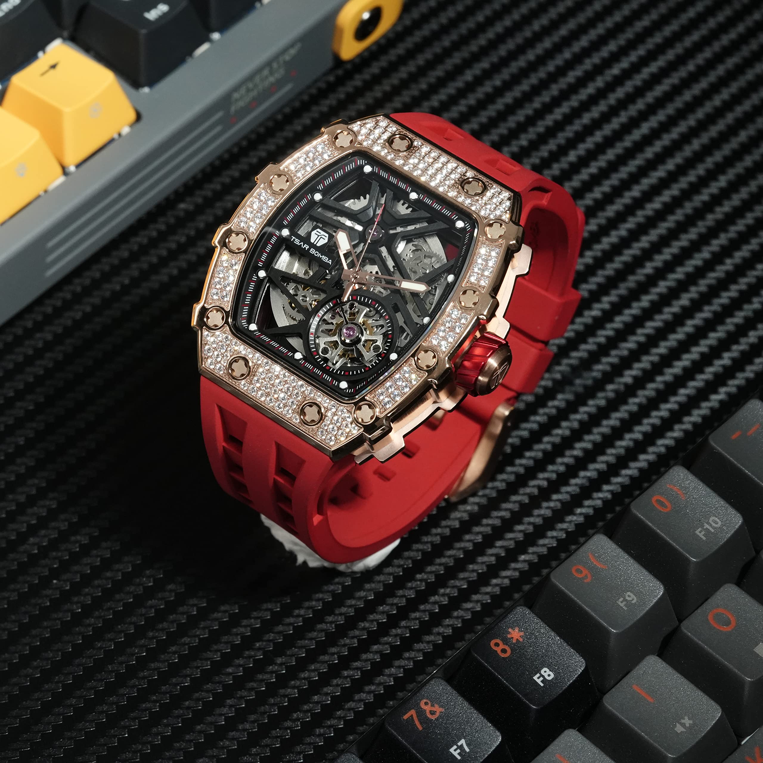 Premium Automatic Skeleton Watches for Men - 50M Waterproof Luxury Mechanical Tonneau Watch with Fluoroelastomer Band (Red) - Ideal for Business Casual, Formal Events & Daily Wear - Perfect Gift for Men