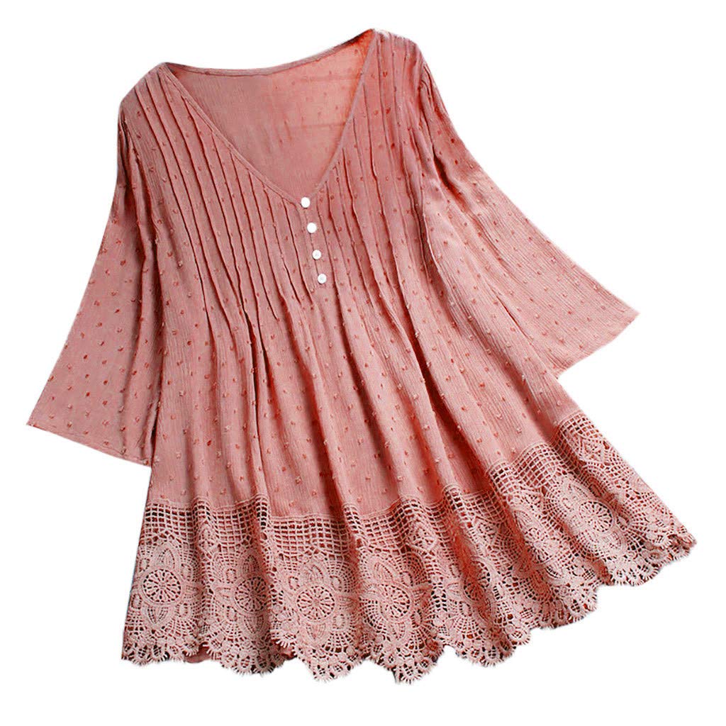 Aunimeifly Plus Size V-Neck Jacquard Blouse for Women - Lace Trim Loose Vintage Tee with 3/4 Sleeves | Casual Wear, Office Outfit & Date Night Top