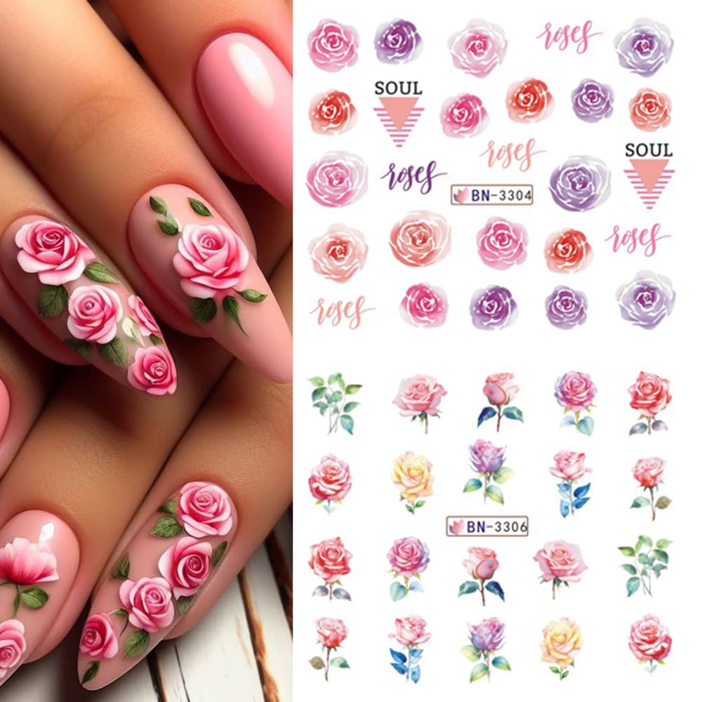 Rose Flower Nail Art Stickers - 12 Sheets Water Transfer Nail Decals for Women | Pink & Black Floral Nail Tattoo Designs | Perfect for Valentine's Day, Bridal, Party & Everyday Nail Art Accessories