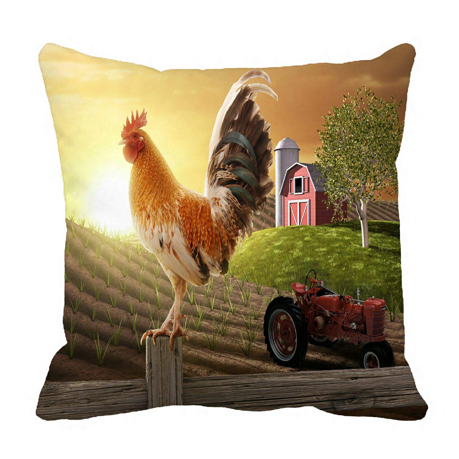 ABPHQTO Rooster Perched Farm Fence Post Sunrise Design Decorative Pillow Cover - 20x20 Inch Reversible Couch & Bed Pillow Case - Perfect for Farmhouse, Country Living Room & Rustic Home Decor
